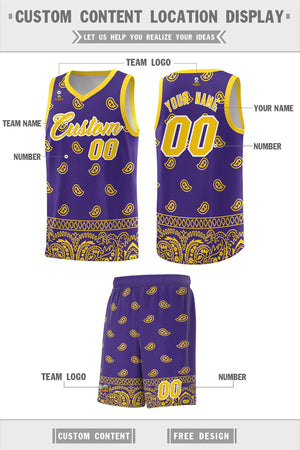 Custom Purple Gold Personalized Cashew Pattern Sports Uniform Basketball Jersey