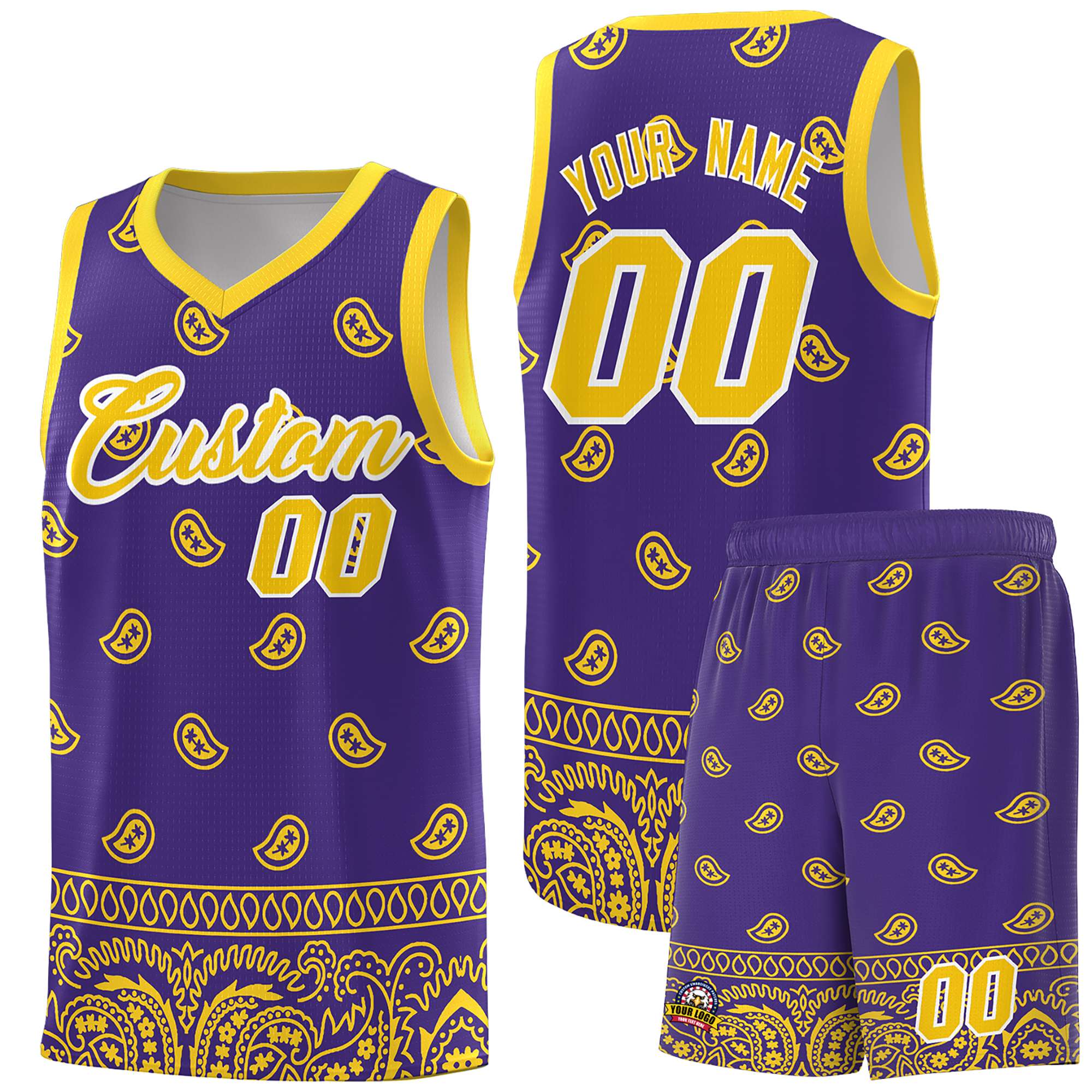 Custom Purple Gold Personalized Cashew Pattern Sports Uniform Basketball Jersey