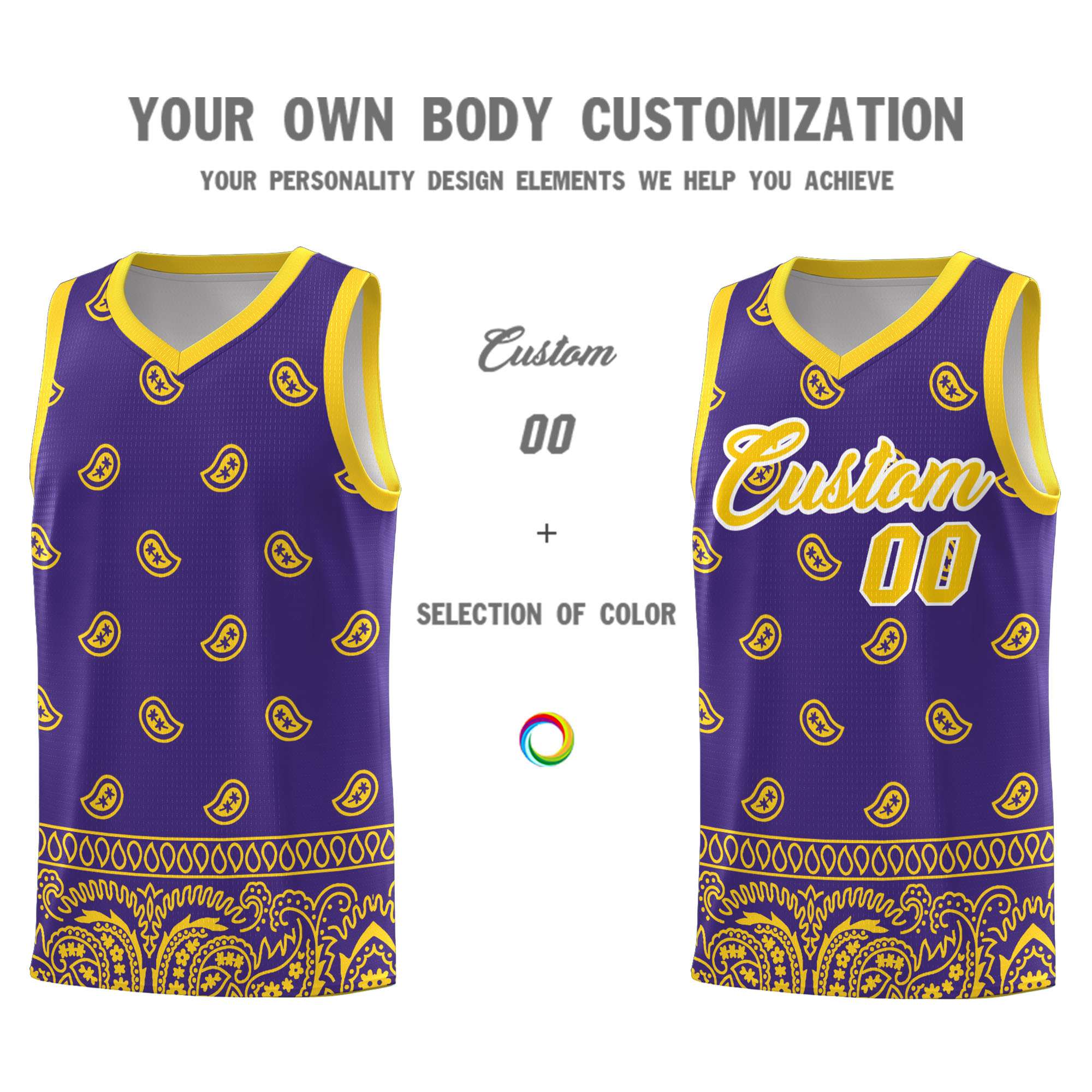 Custom Purple Gold Personalized Cashew Pattern Sports Uniform Basketball Jersey