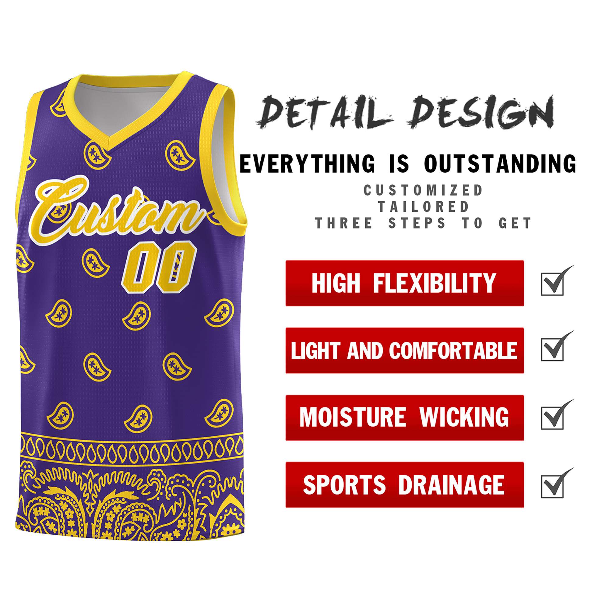 Custom Purple Gold Personalized Cashew Pattern Sports Uniform Basketball Jersey