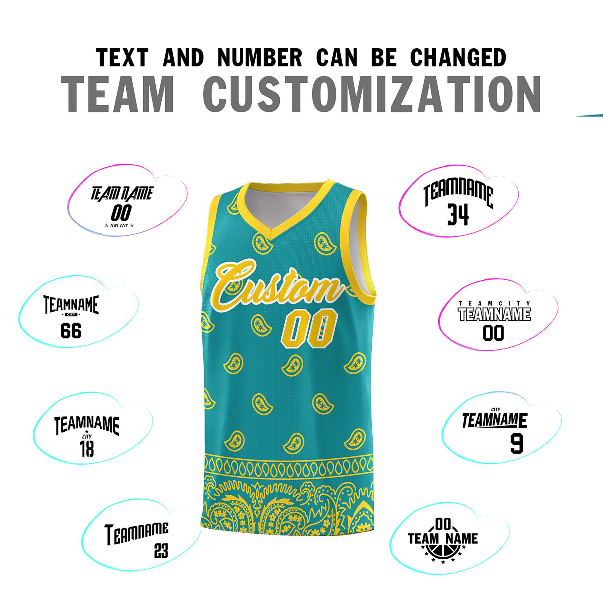 Custom Aqua Gold Personalized Cashew Pattern Sports Uniform Basketball Jersey