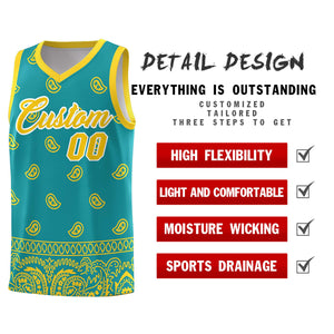 Custom Aqua Gold Personalized Cashew Pattern Sports Uniform Basketball Jersey