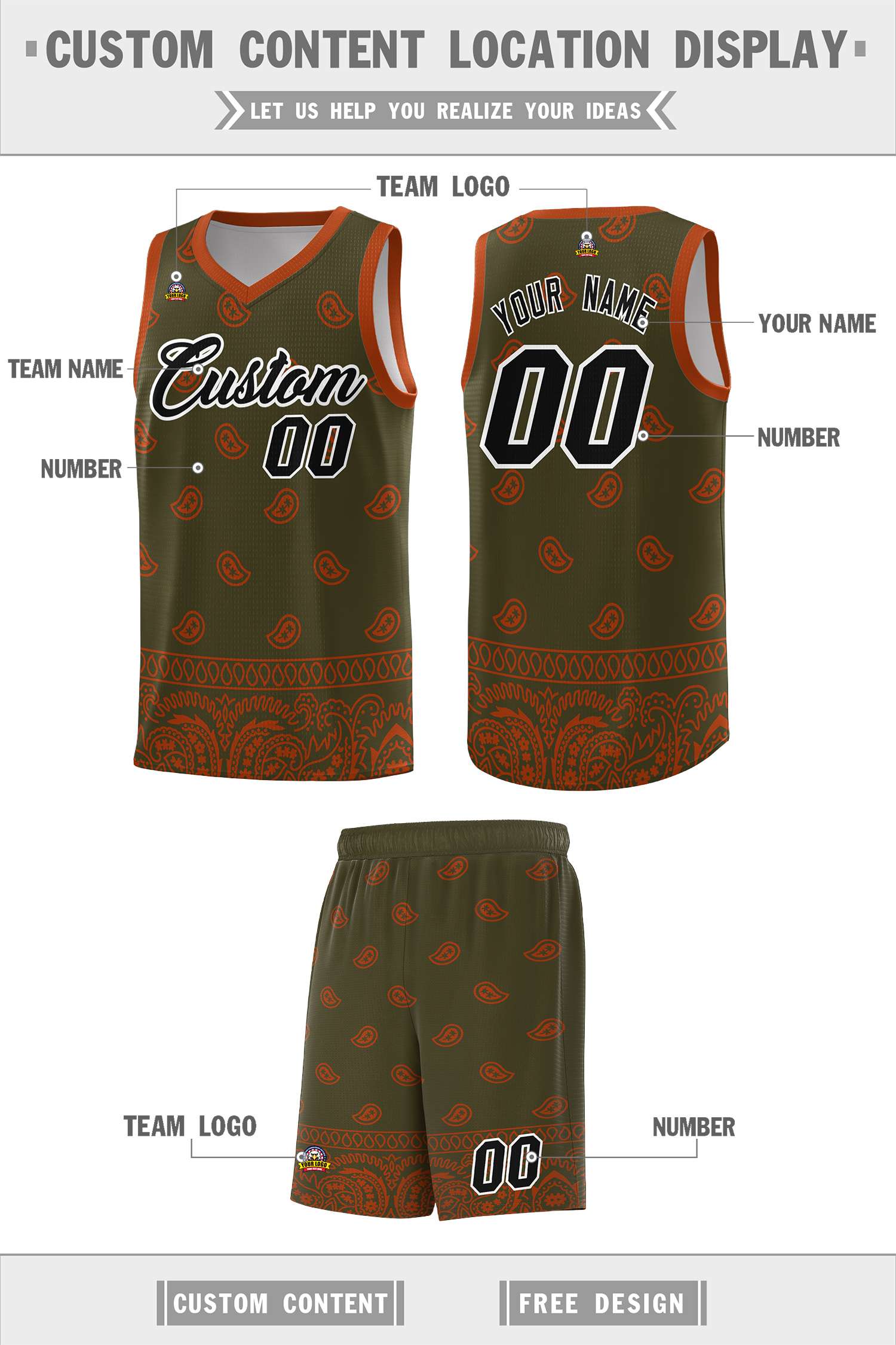 Custom Olive Texas Orange Personalized Cashew Pattern Sports Uniform Basketball Jersey