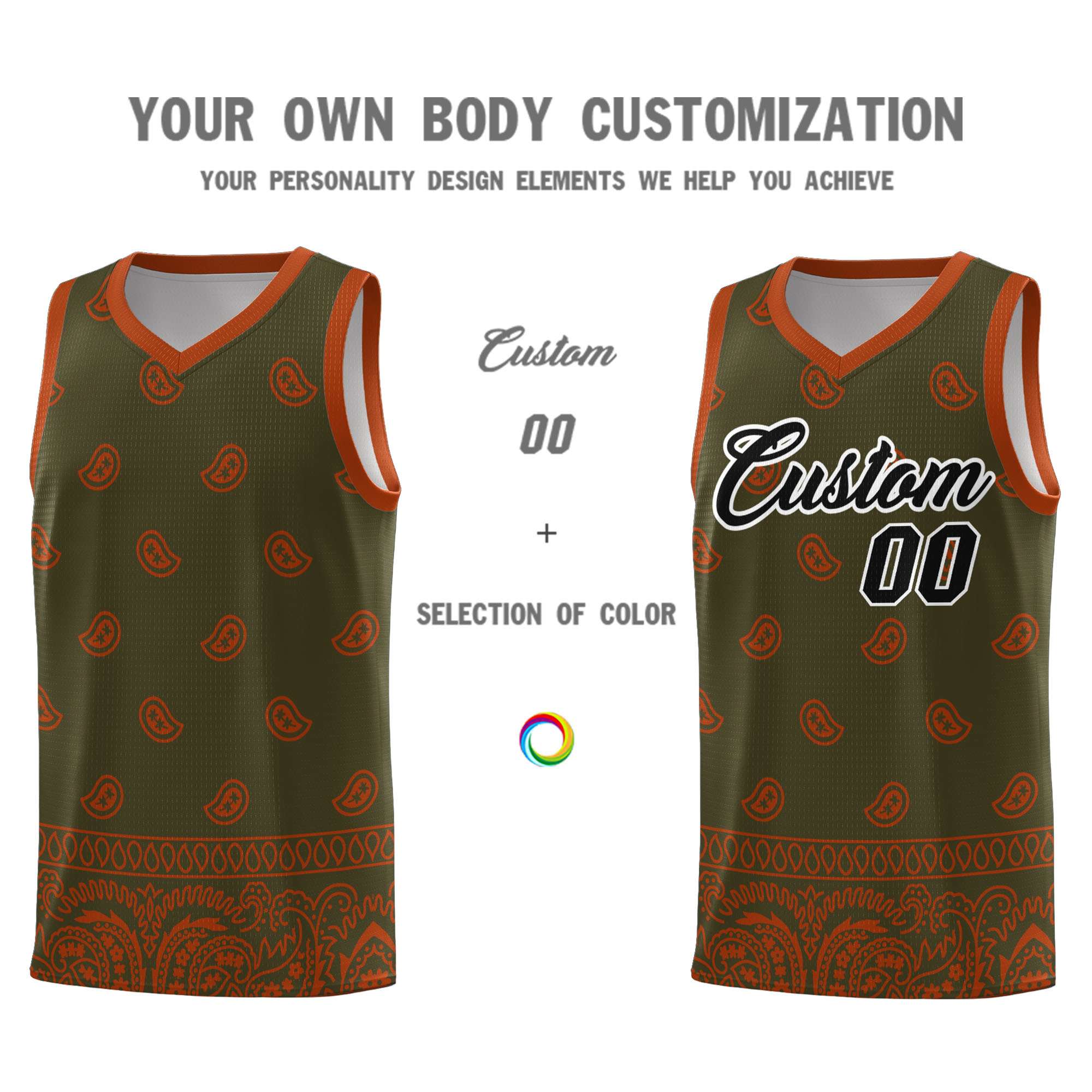 Custom Olive Texas Orange Personalized Cashew Pattern Sports Uniform Basketball Jersey