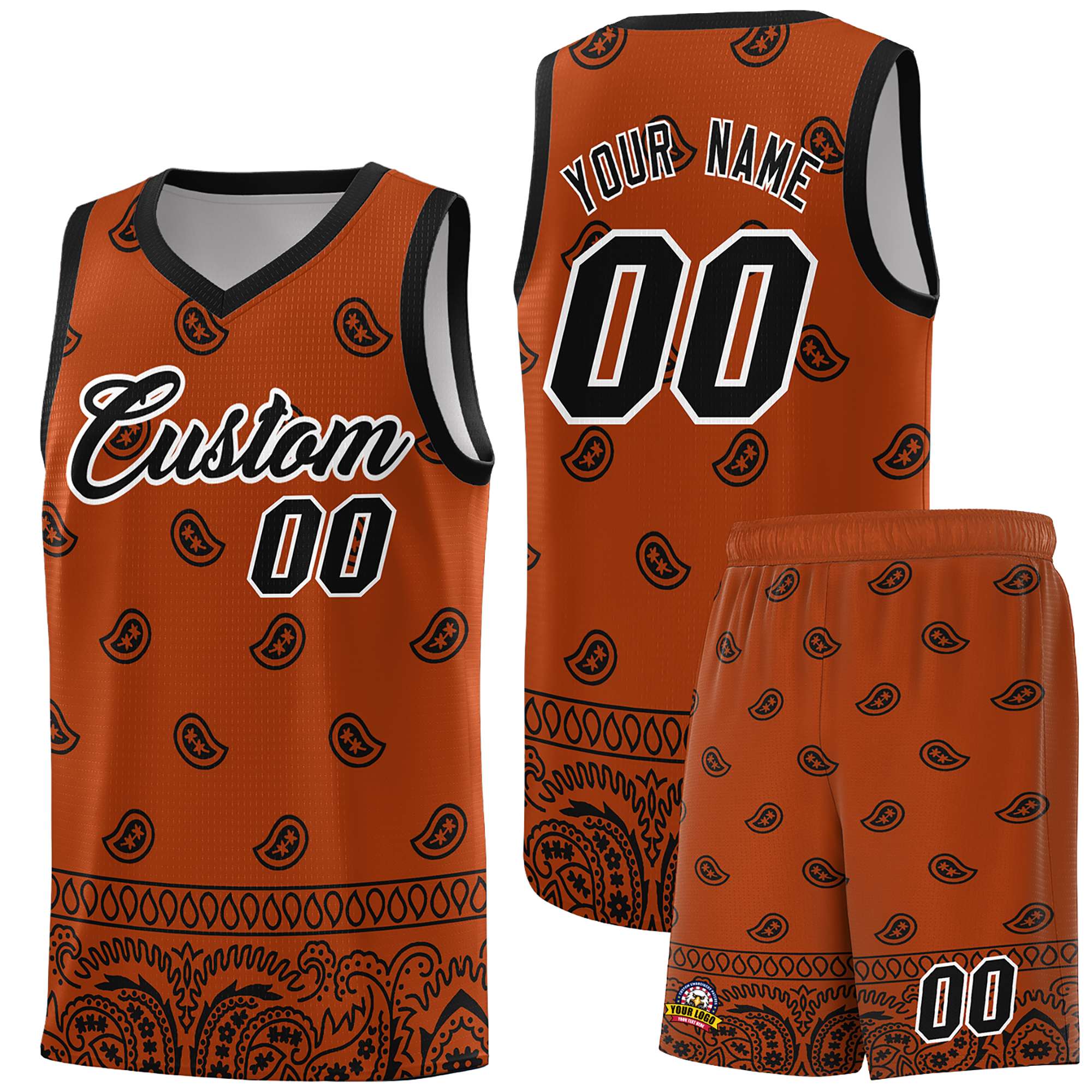 Custom Texas Orange Black Personalized Cashew Pattern Sports Uniform Basketball Jersey