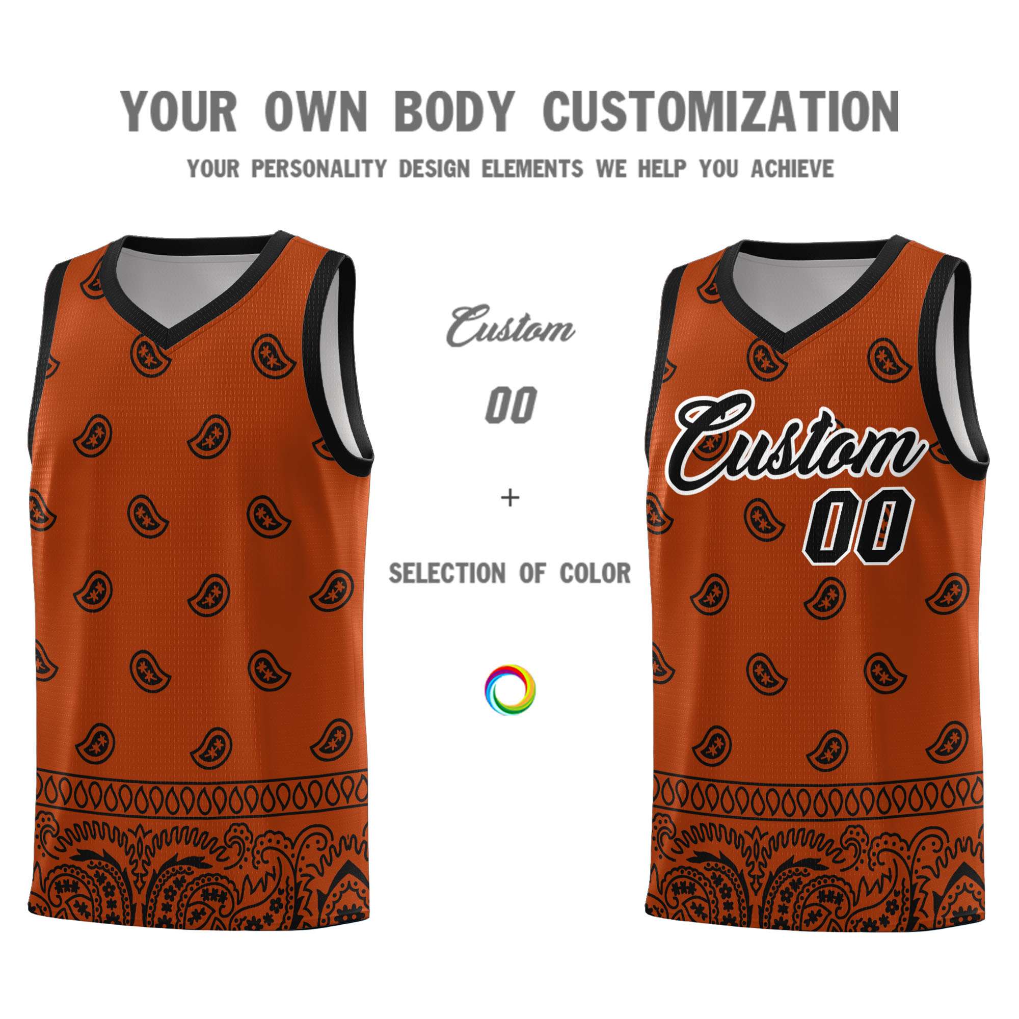 Custom Texas Orange Black Personalized Cashew Pattern Sports Uniform Basketball Jersey