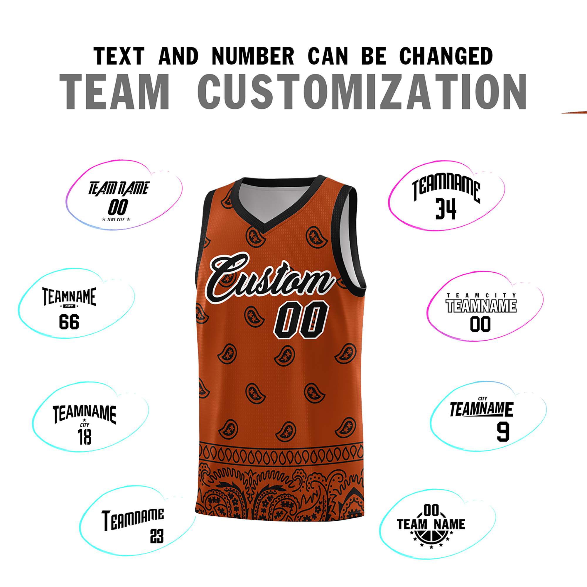 Custom Texas Orange Black Personalized Cashew Pattern Sports Uniform Basketball Jersey