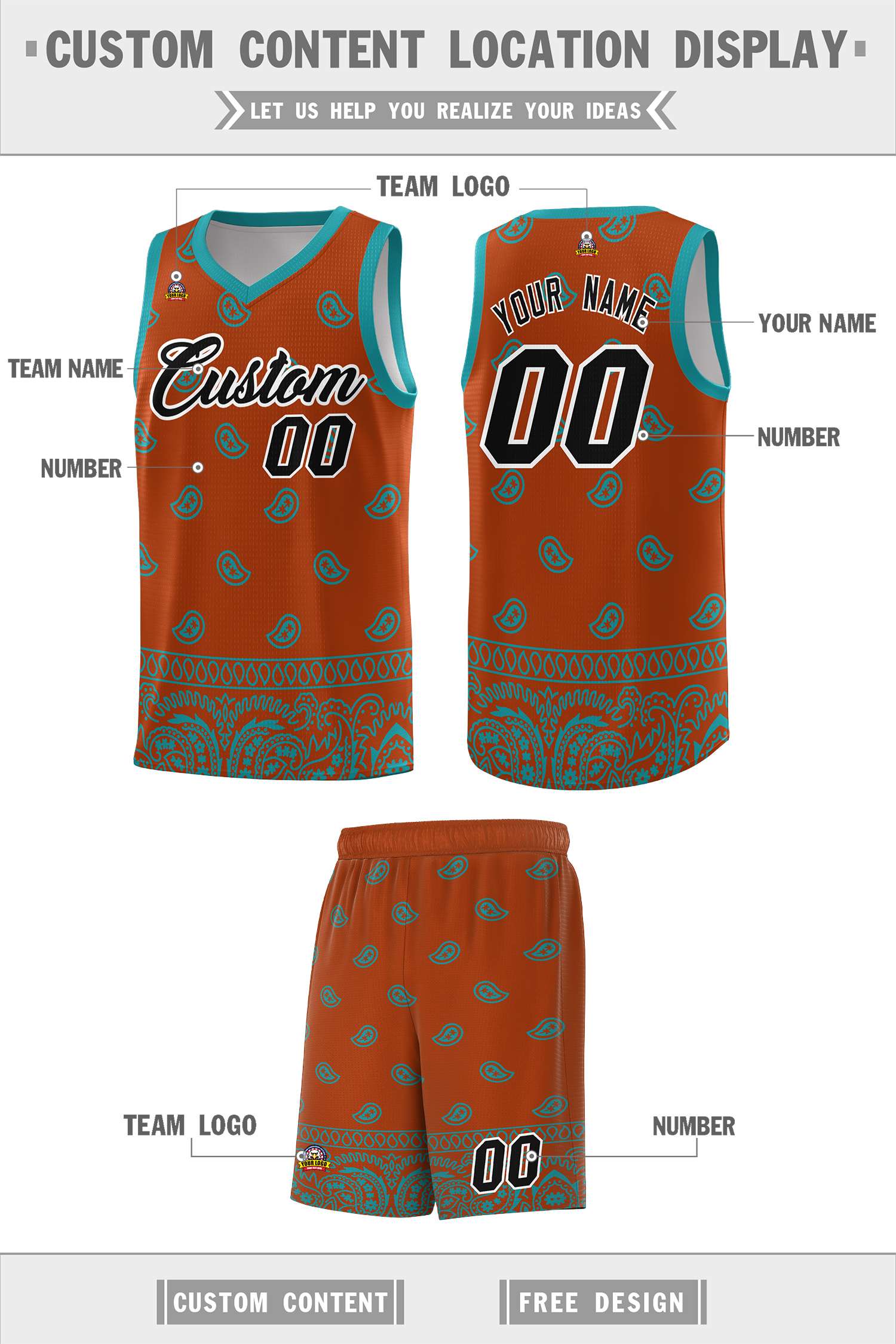 Custom Texas Orange Aqua Personalized Cashew Pattern Sports Uniform Basketball Jersey