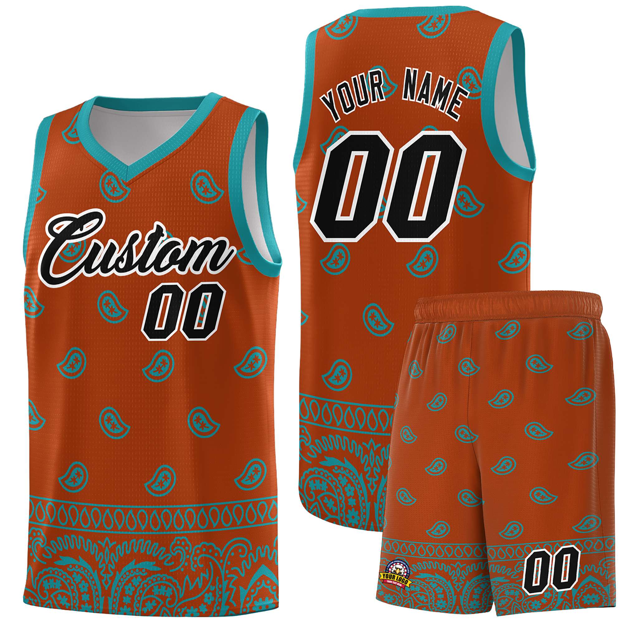 Custom Texas Orange Aqua Personalized Cashew Pattern Sports Uniform Basketball Jersey