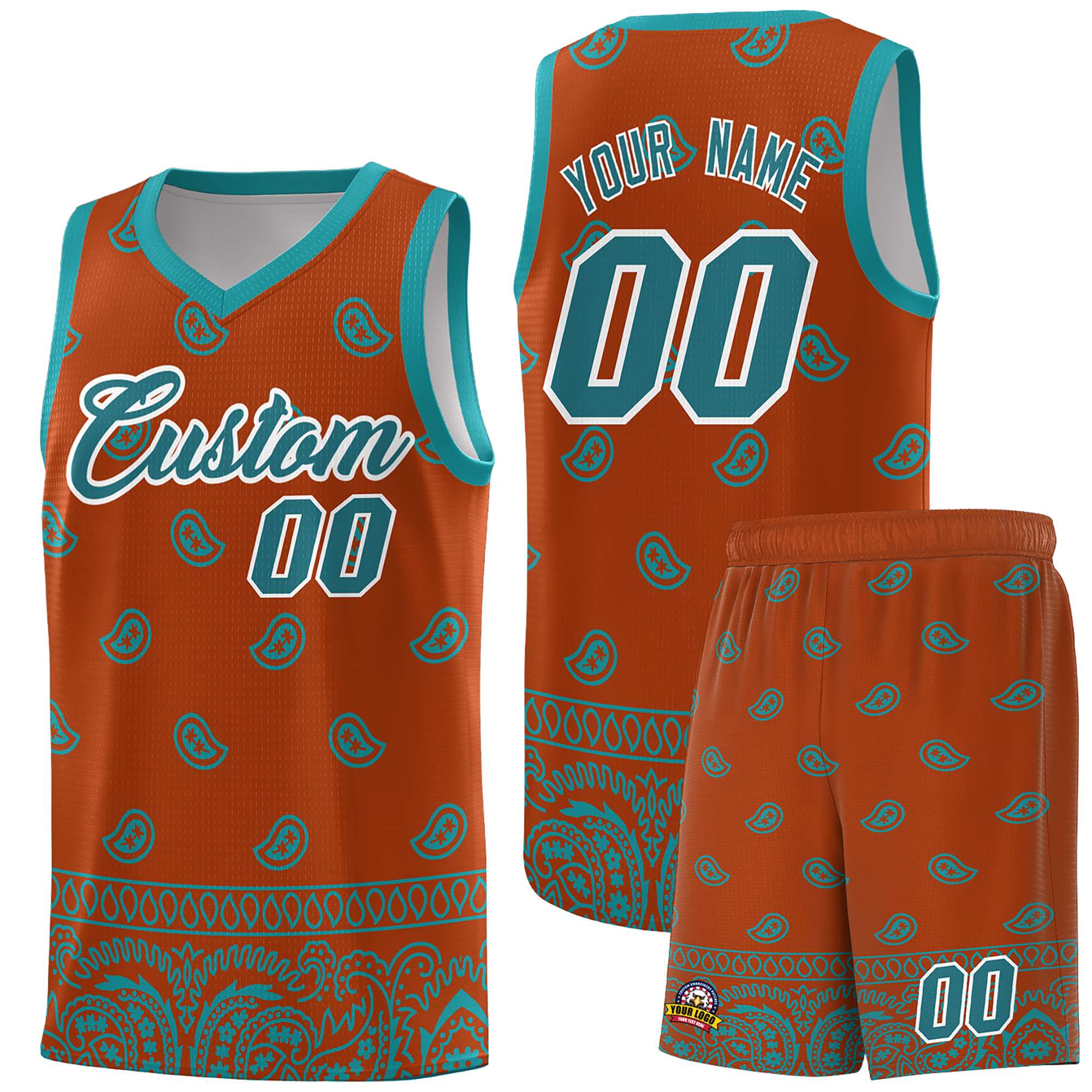 Custom Texas Orange Aqua Personalized Cashew Pattern Sports Uniform Basketball Jersey