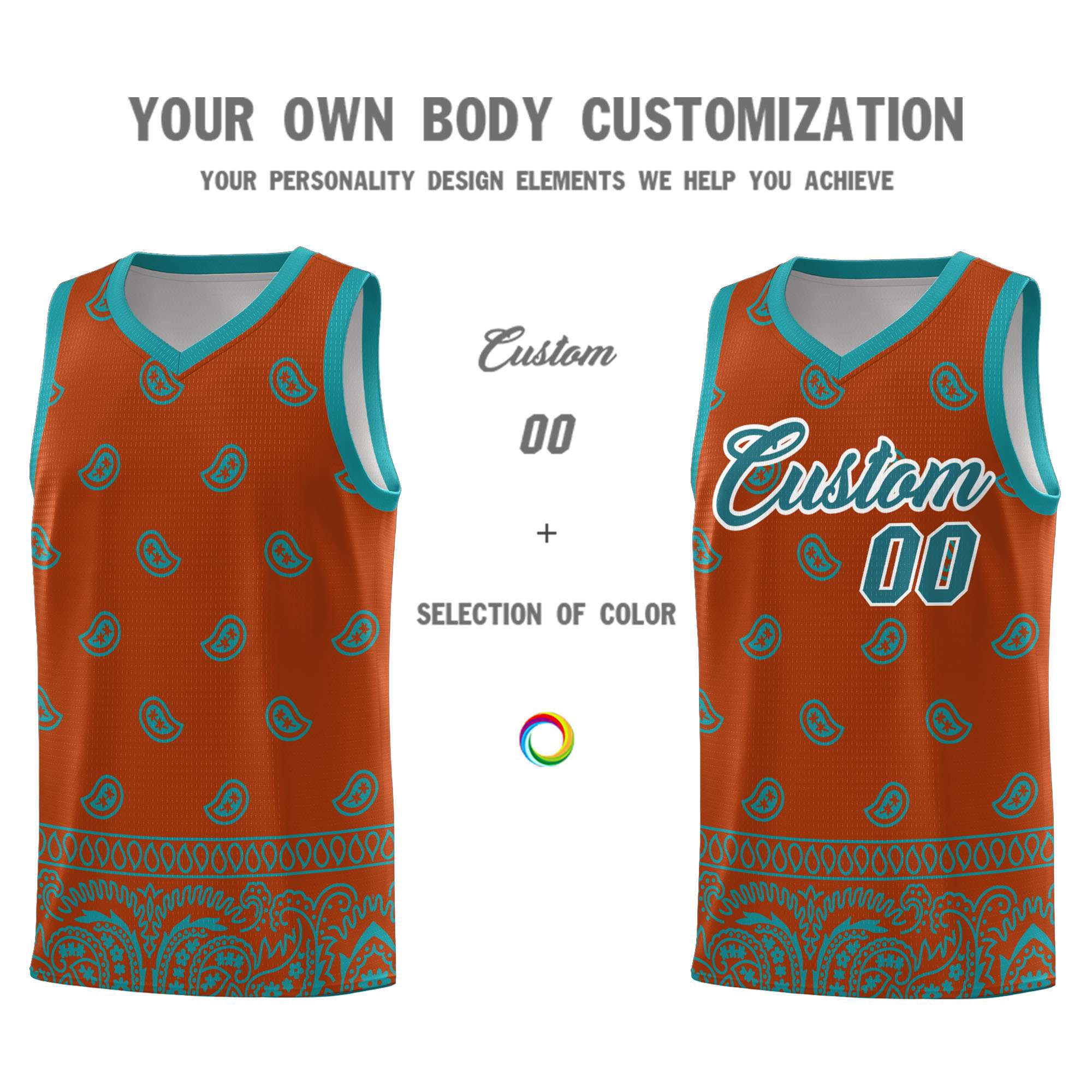 Custom Texas Orange Aqua Personalized Cashew Pattern Sports Uniform Basketball Jersey