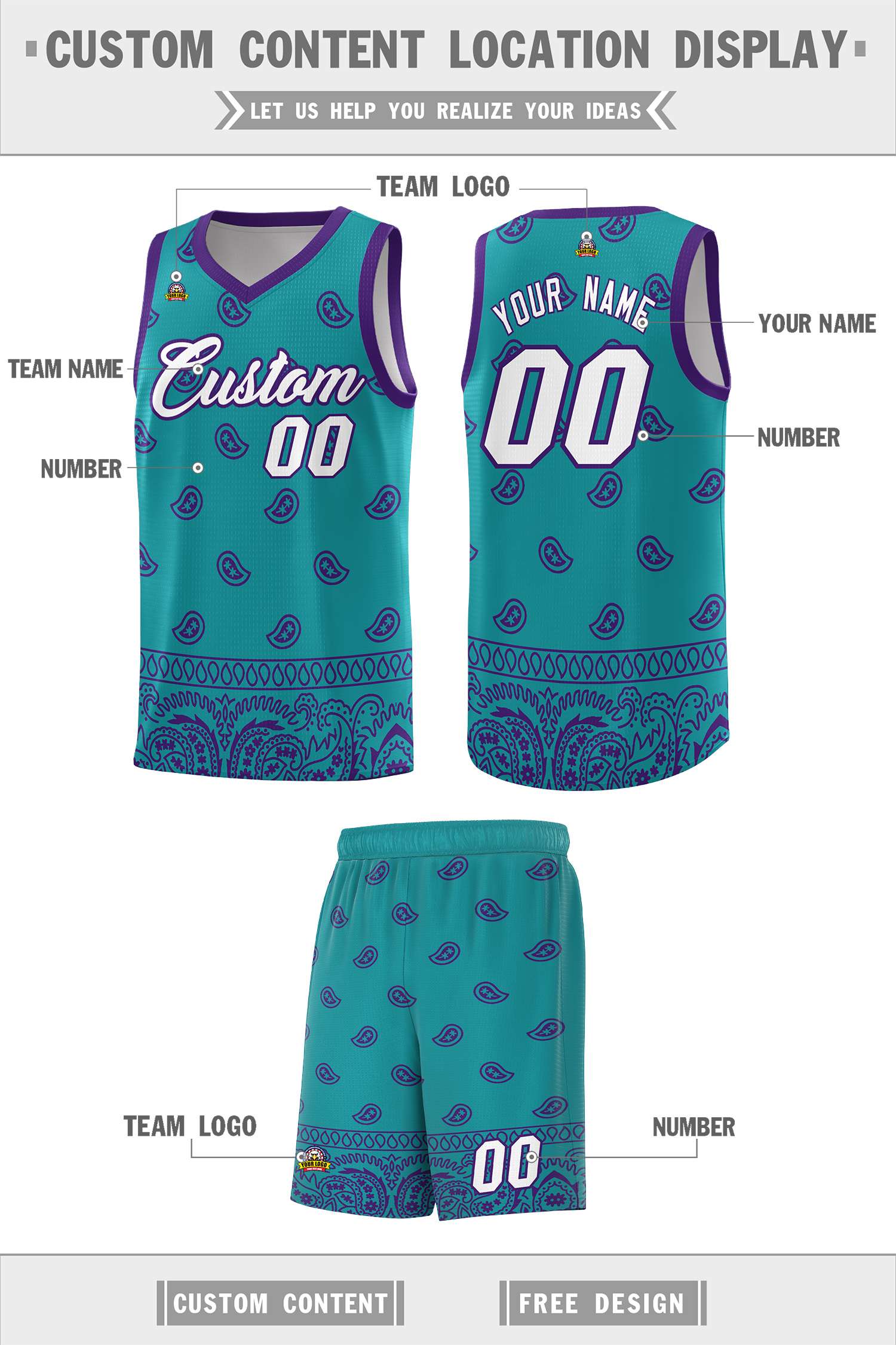 Custom Aqua Purple Personalized Cashew Pattern Sports Uniform Basketball Jersey