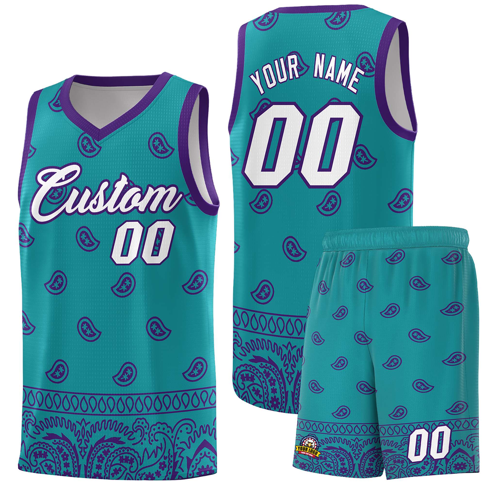 Custom Aqua Purple Personalized Cashew Pattern Sports Uniform Basketball Jersey