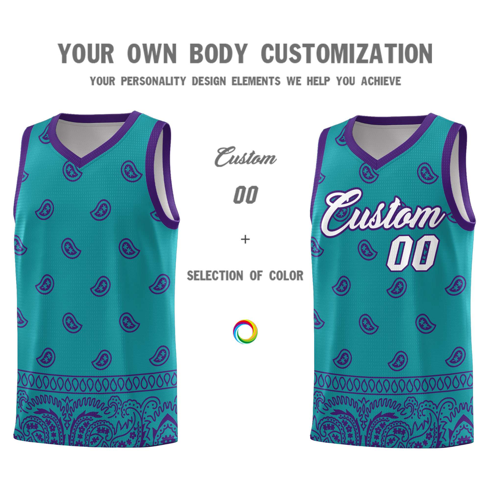 Custom Aqua Purple Personalized Cashew Pattern Sports Uniform Basketball Jersey