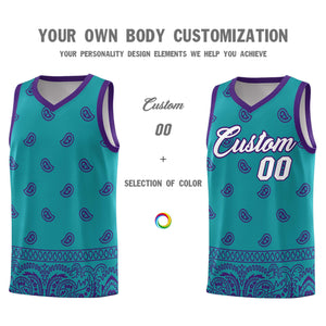 Custom Aqua Purple Personalized Cashew Pattern Sports Uniform Basketball Jersey