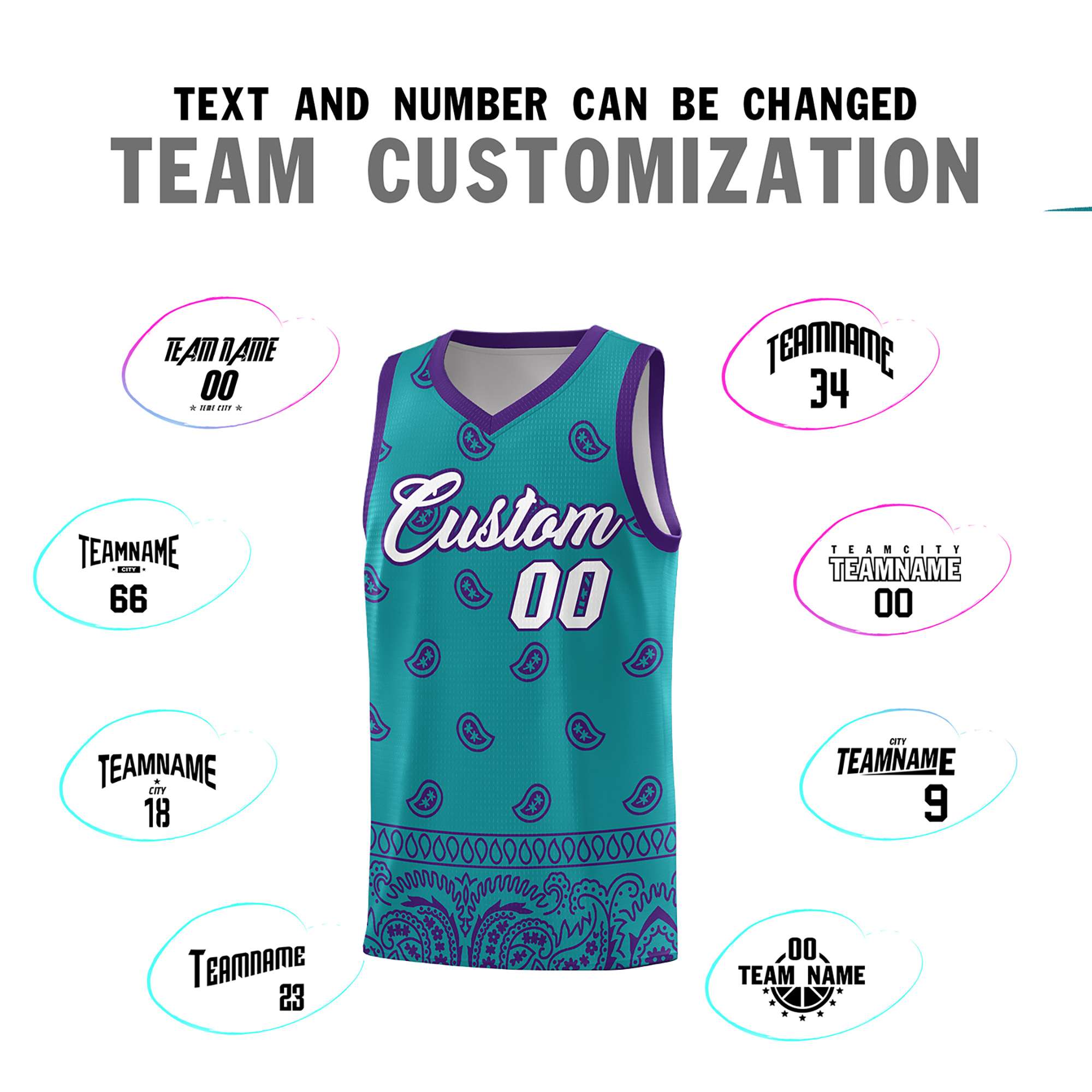 Custom Aqua Purple Personalized Cashew Pattern Sports Uniform Basketball Jersey