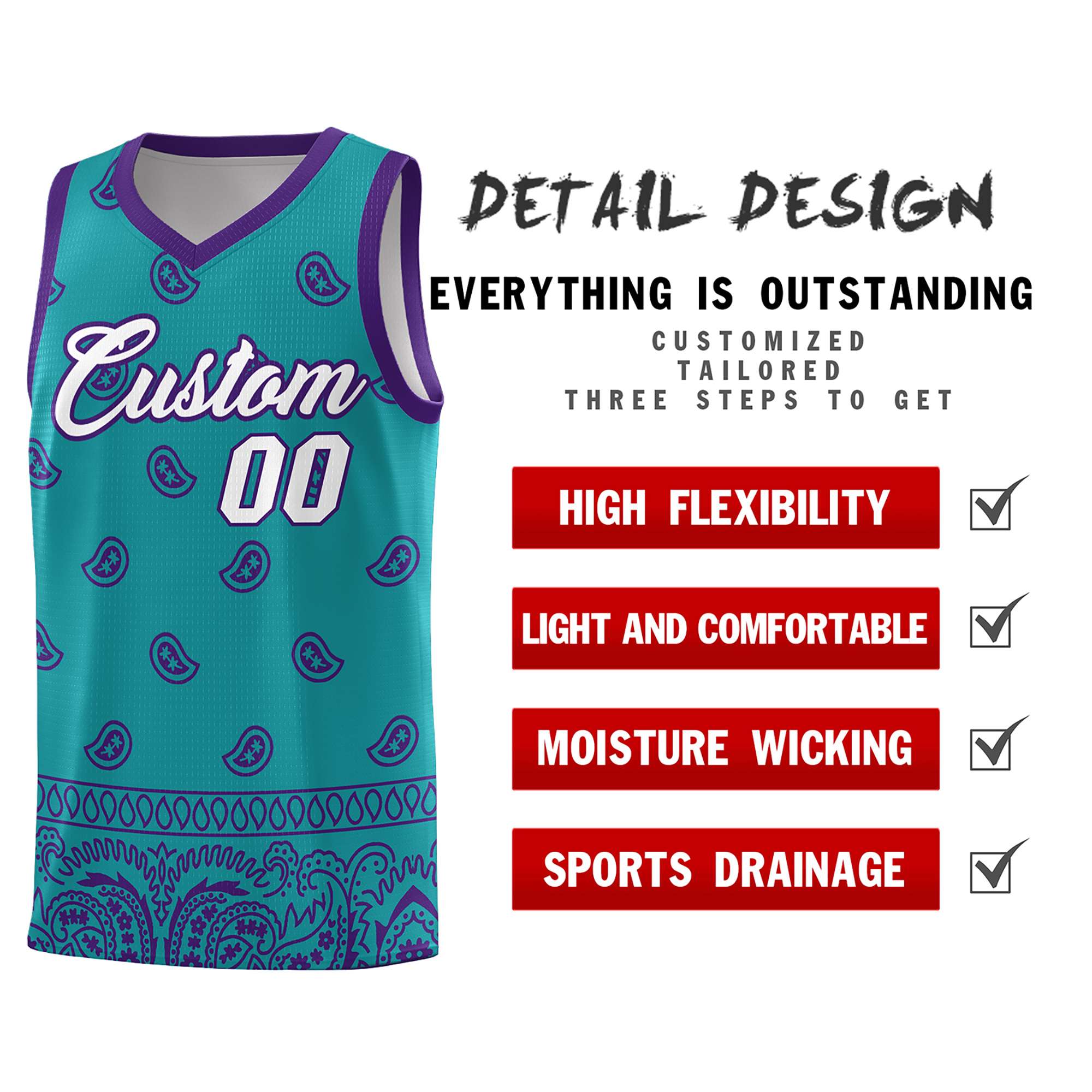 Custom Aqua Purple Personalized Cashew Pattern Sports Uniform Basketball Jersey