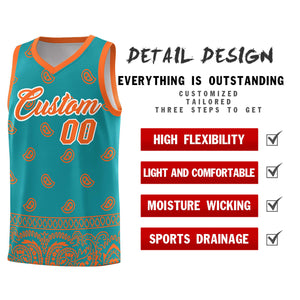 Custom Aqua Orange Personalized Cashew Pattern Sports Uniform Basketball Jersey