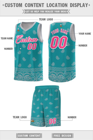 Custom Aqua Gray Personalized Cashew Pattern Sports Uniform Basketball Jersey