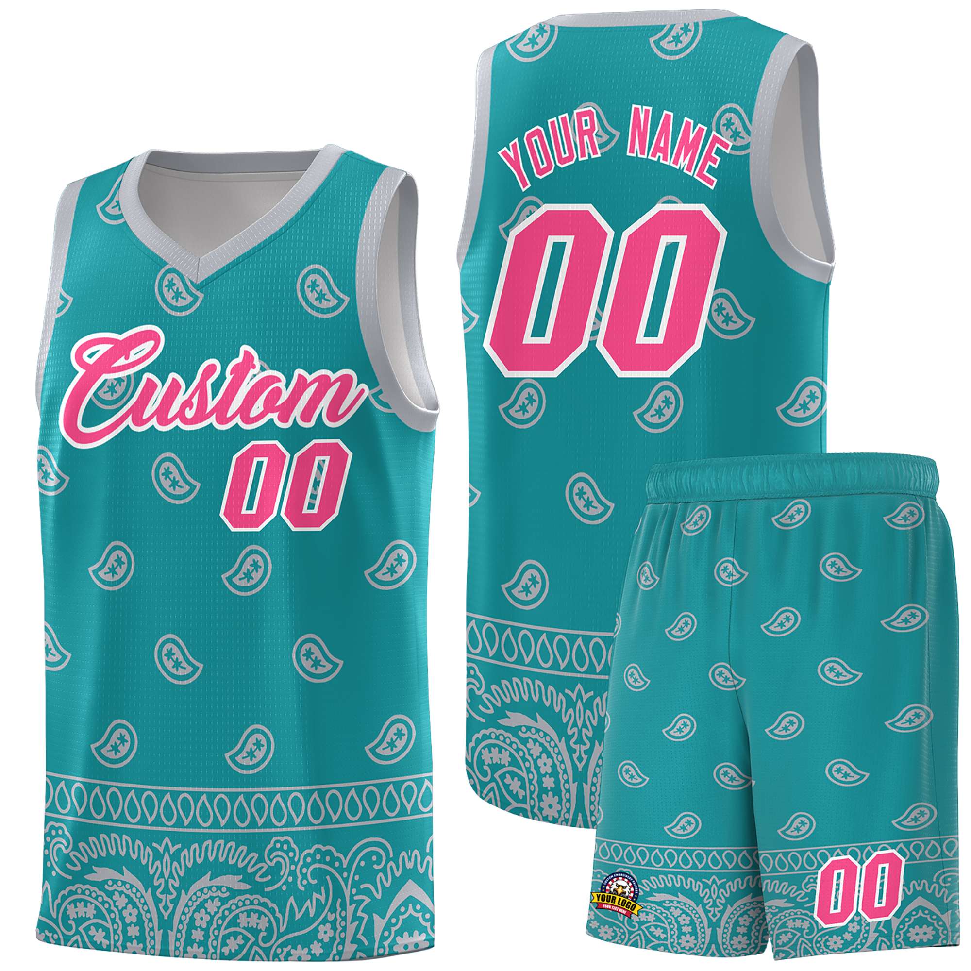 Custom Aqua Gray Personalized Cashew Pattern Sports Uniform Basketball Jersey