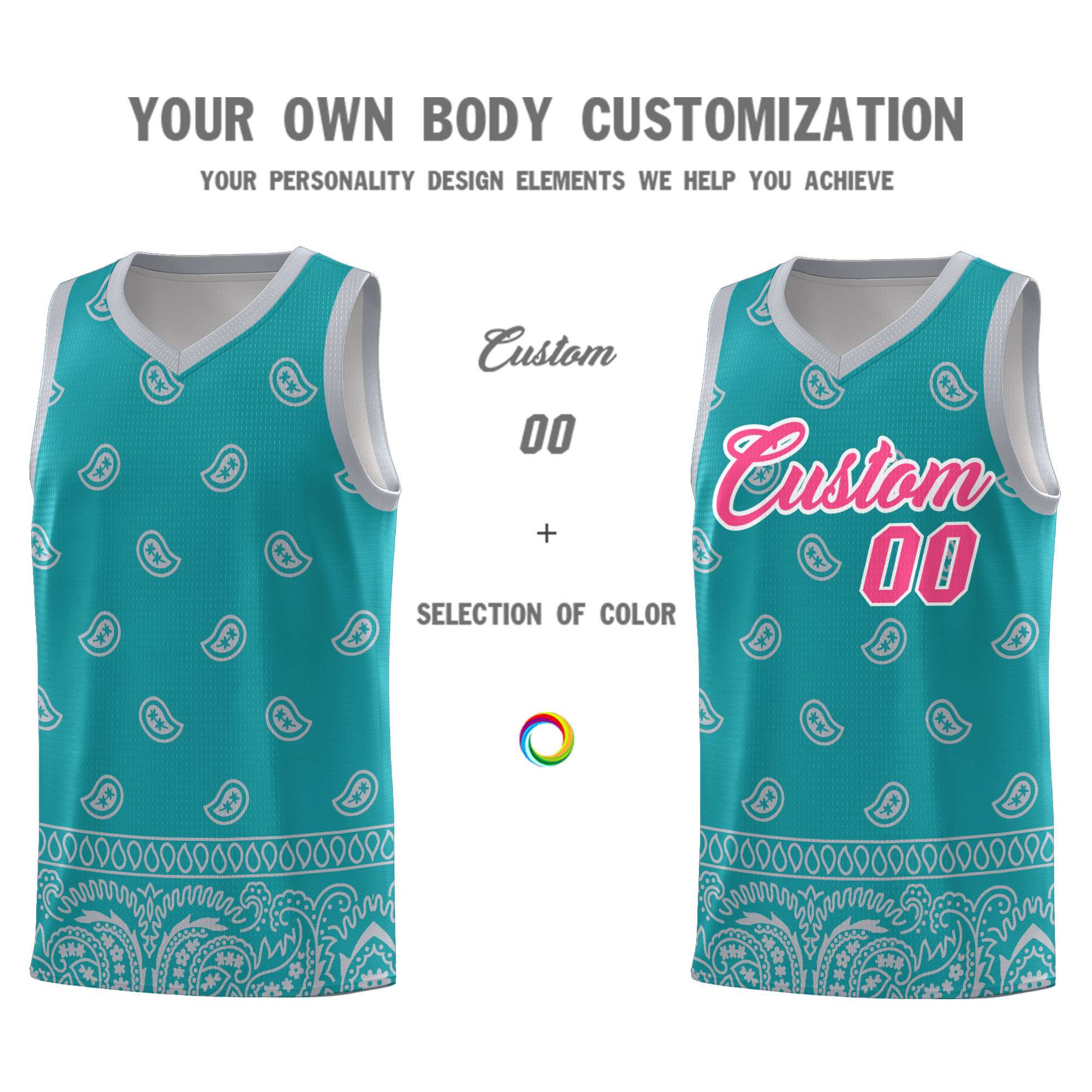 Custom Aqua Gray Personalized Cashew Pattern Sports Uniform Basketball Jersey