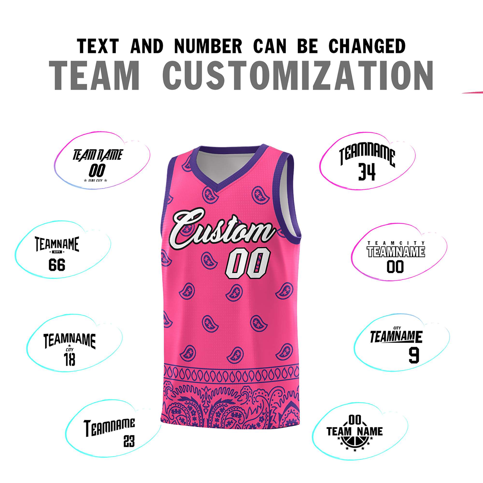 Custom Pink Purple Personalized Cashew Pattern Sports Uniform Basketball Jersey