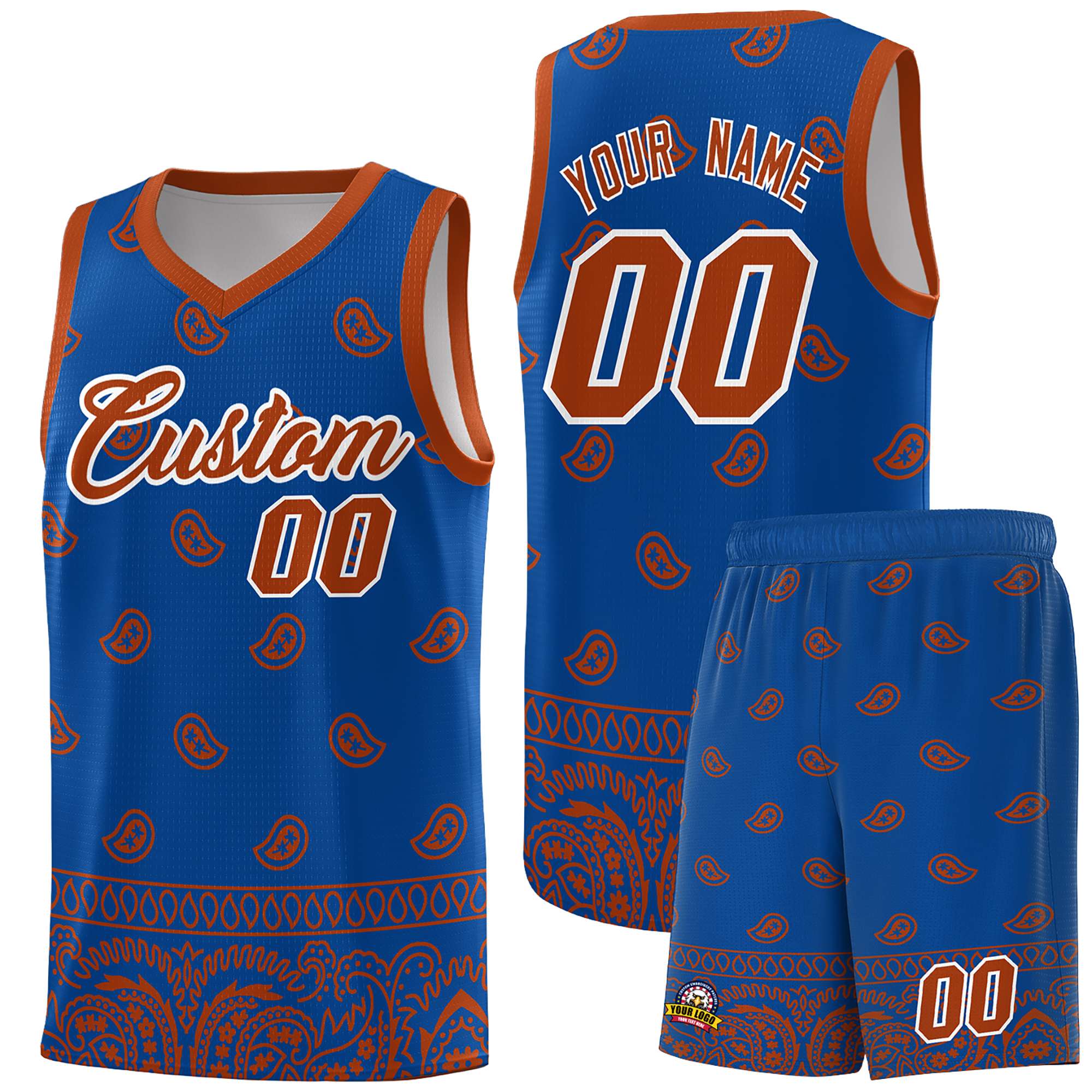 Custom Royal Texas Orange Personalized Cashew Pattern Sports Uniform Basketball Jersey