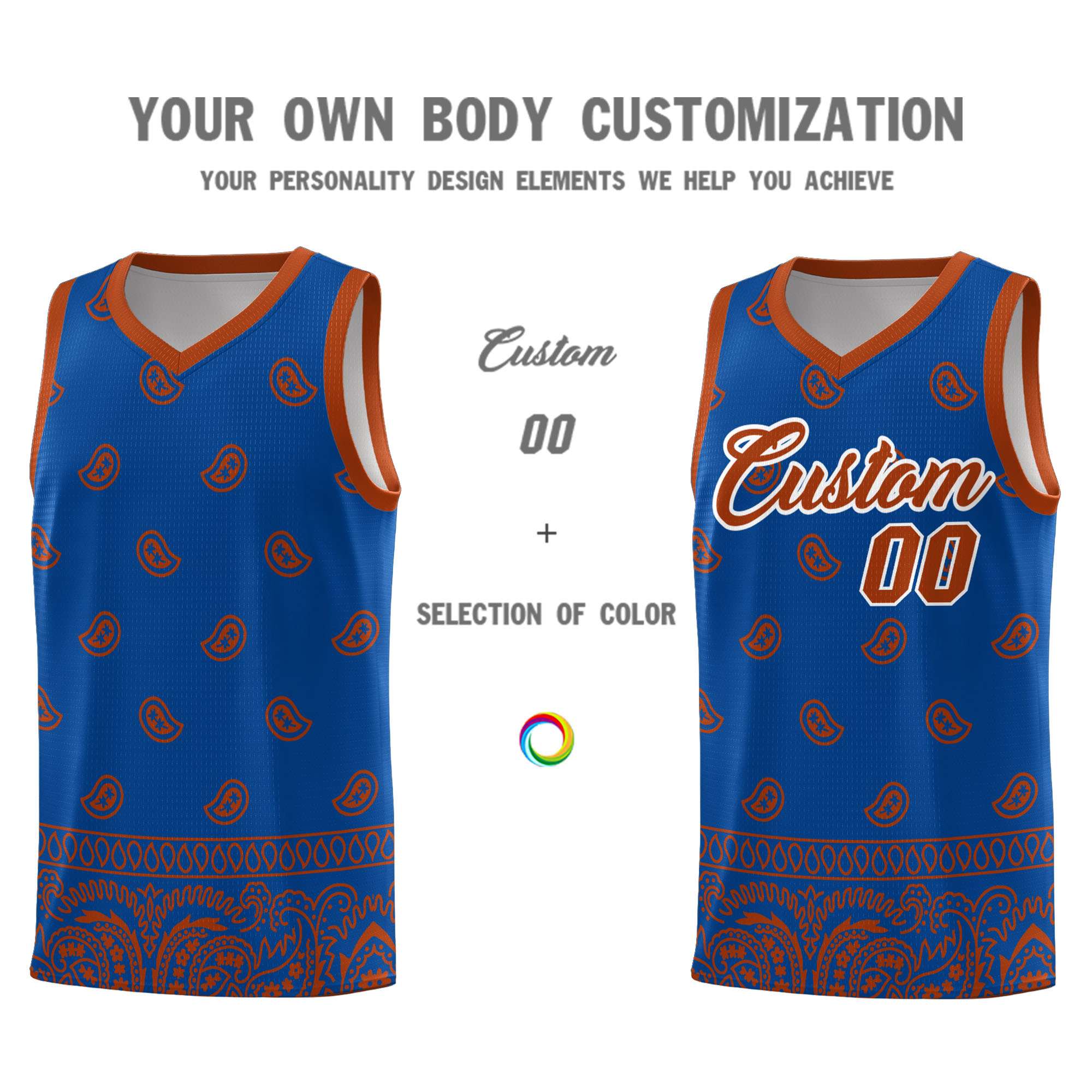 Custom Royal Texas Orange Personalized Cashew Pattern Sports Uniform Basketball Jersey