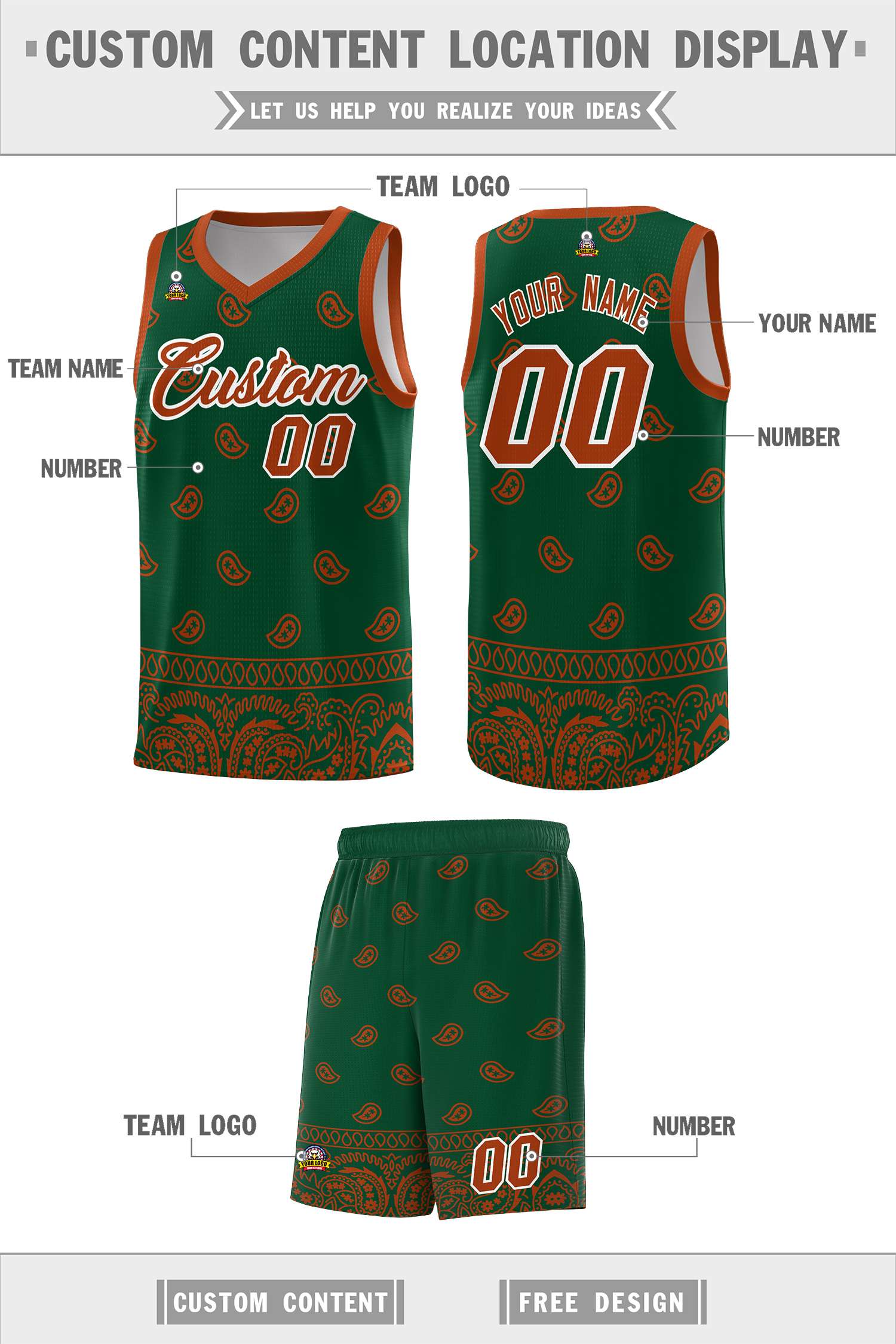 Custom Green Texas Orange Personalized Cashew Pattern Sports Uniform Basketball Jersey