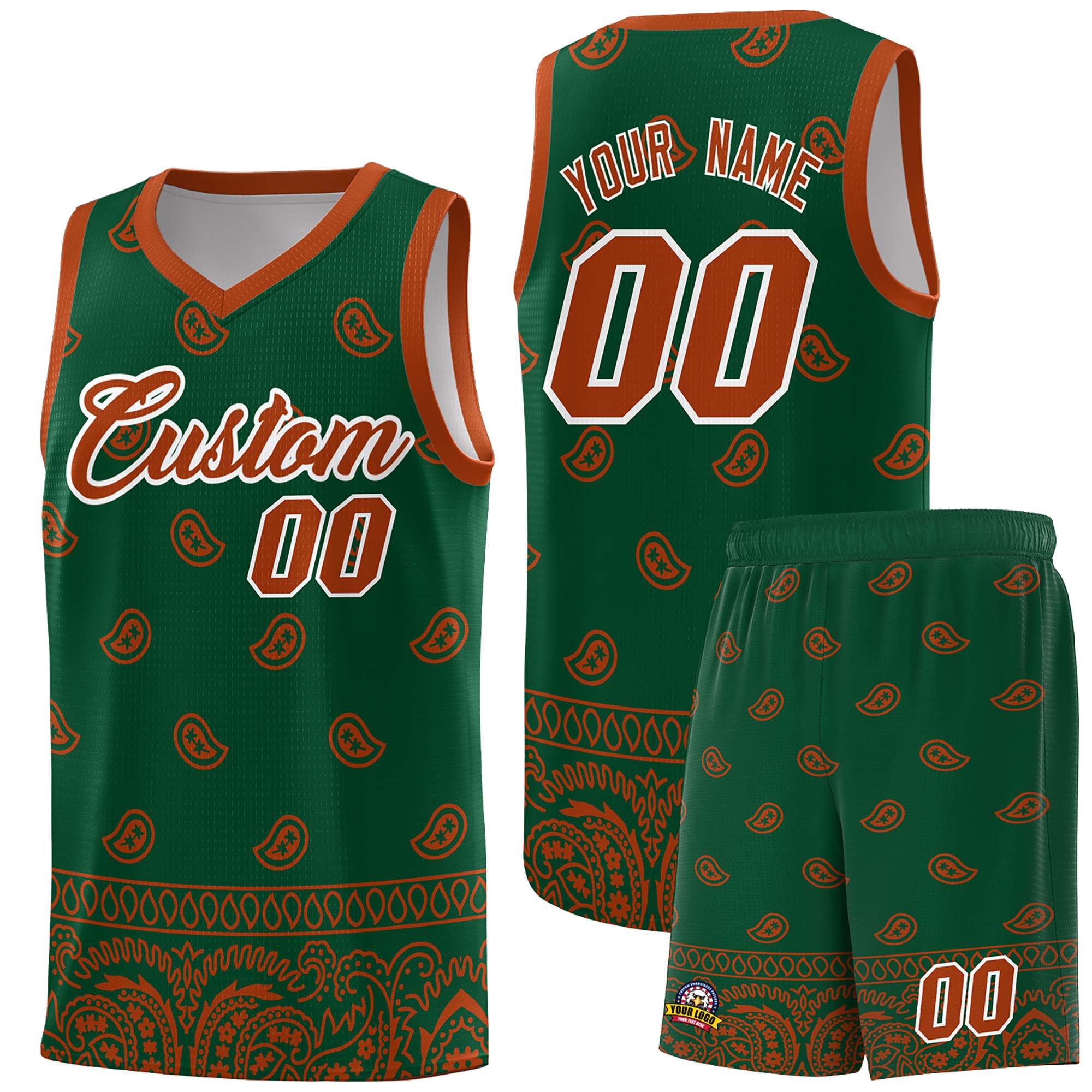 Custom Green Texas Orange Personalized Cashew Pattern Sports Uniform Basketball Jersey