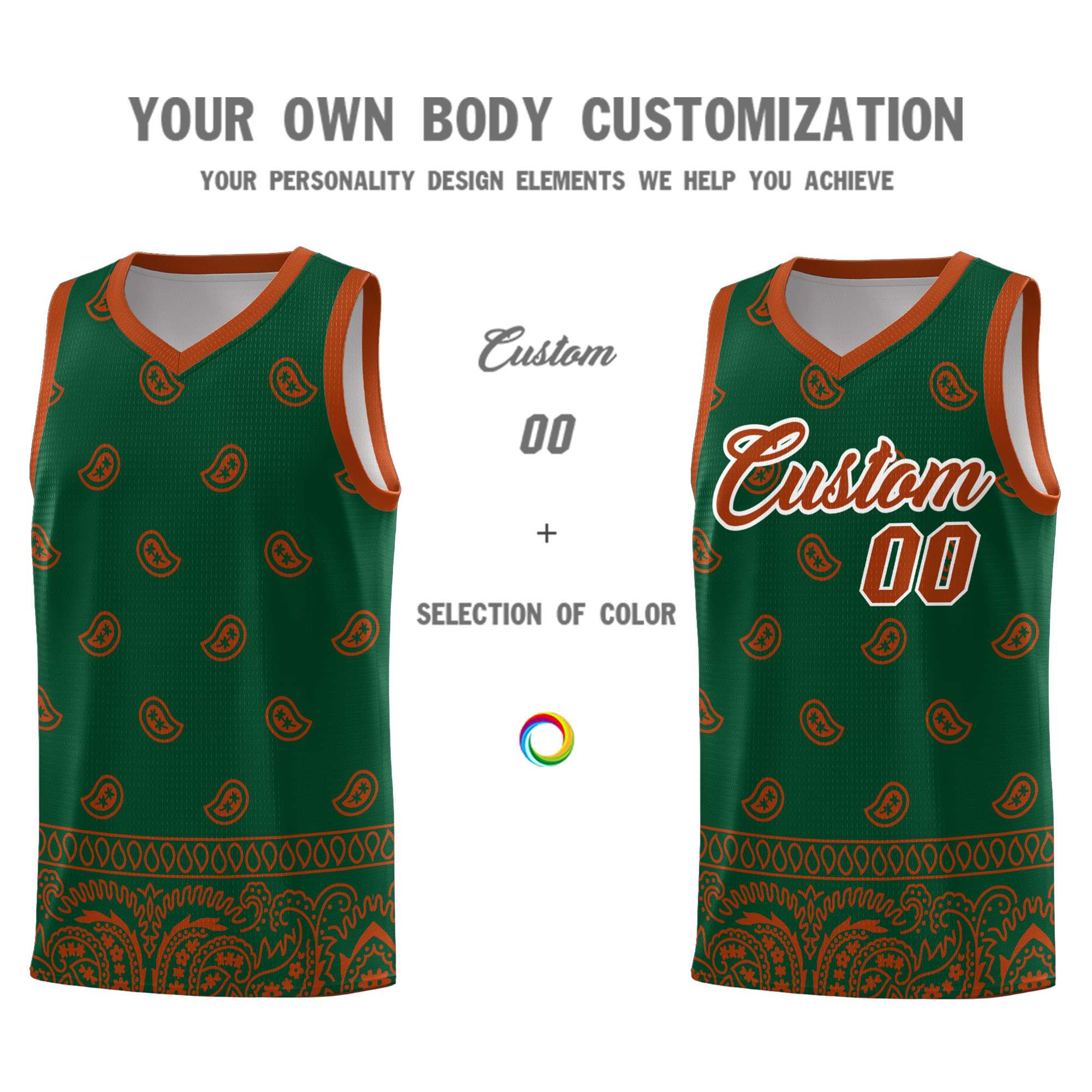 Custom Green Texas Orange Personalized Cashew Pattern Sports Uniform Basketball Jersey