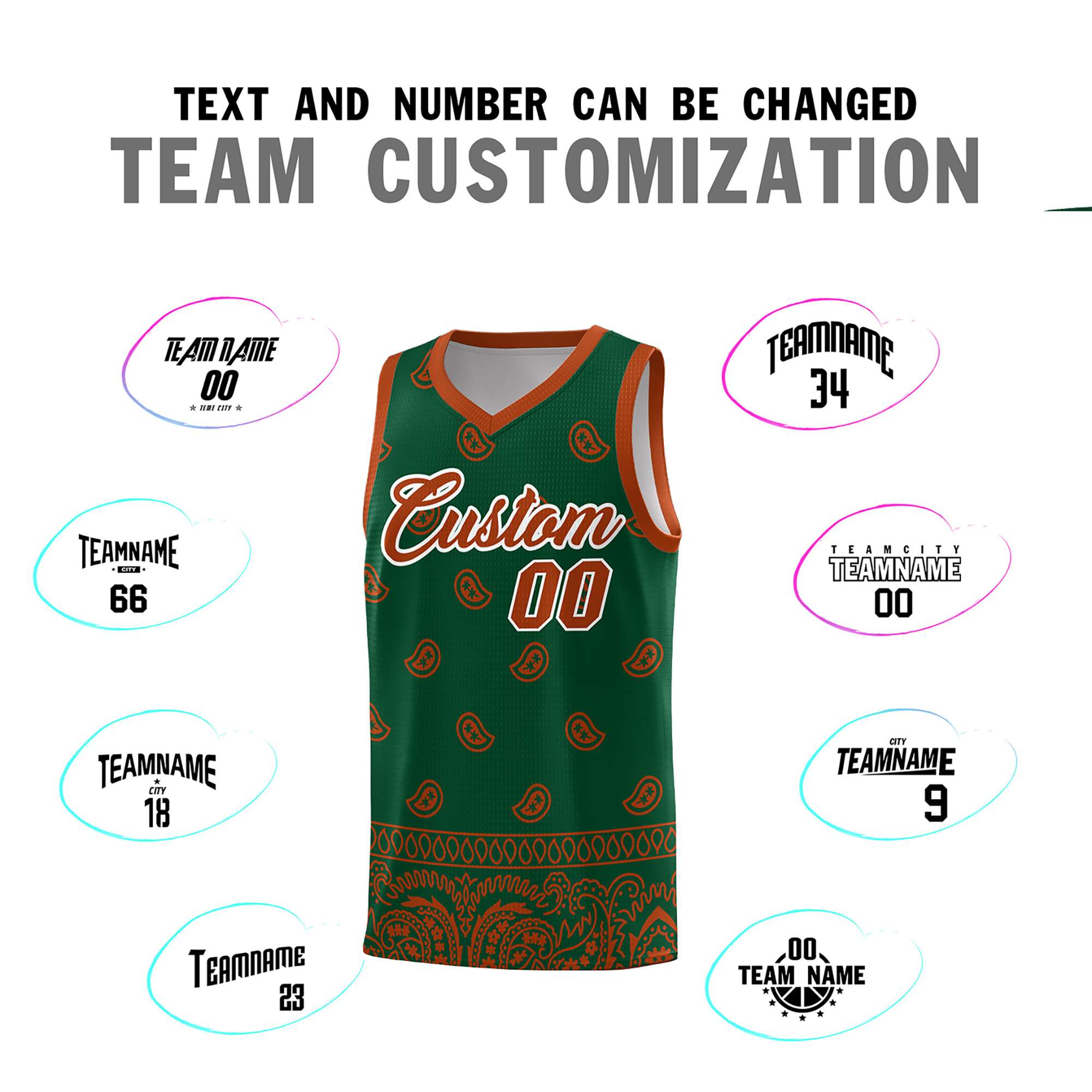 Custom Green Texas Orange Personalized Cashew Pattern Sports Uniform Basketball Jersey