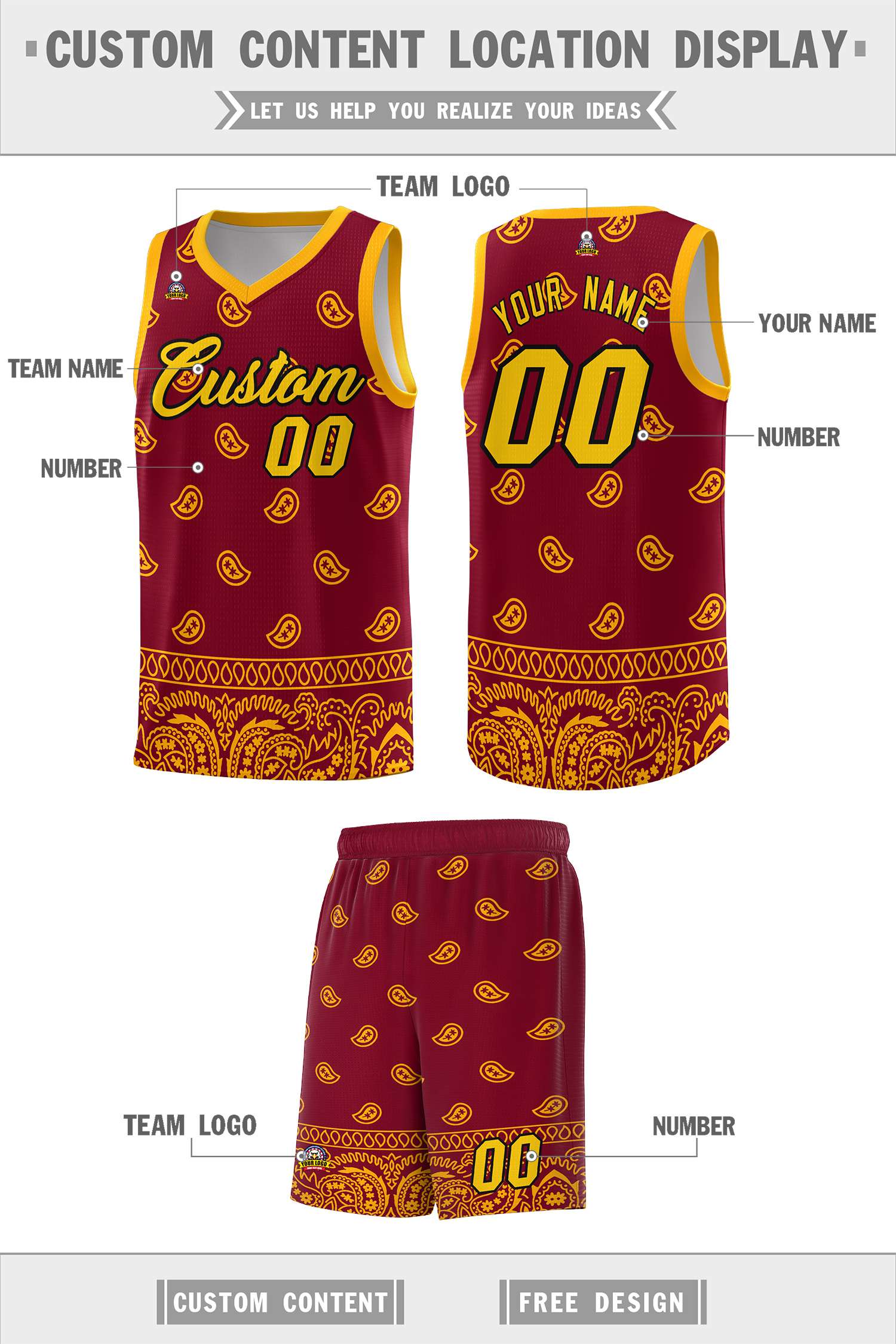 Custom Crimson Yellow Personalized Cashew Pattern Sports Uniform Basketball Jersey