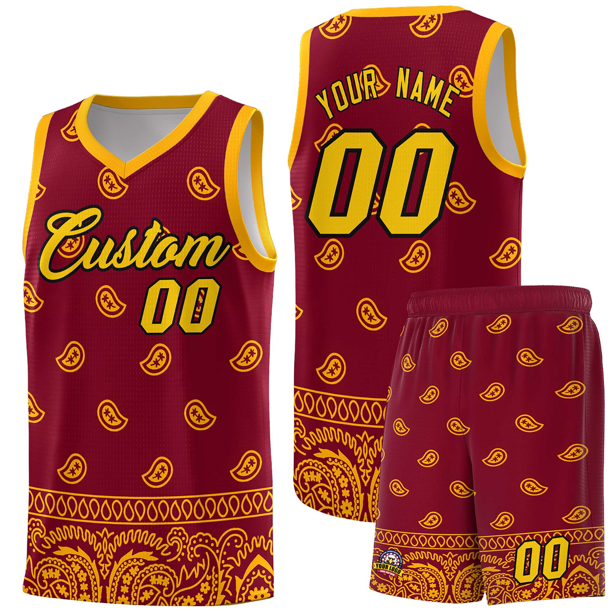 Custom Crimson Yellow Personalized Cashew Pattern Sports Uniform Basketball Jersey