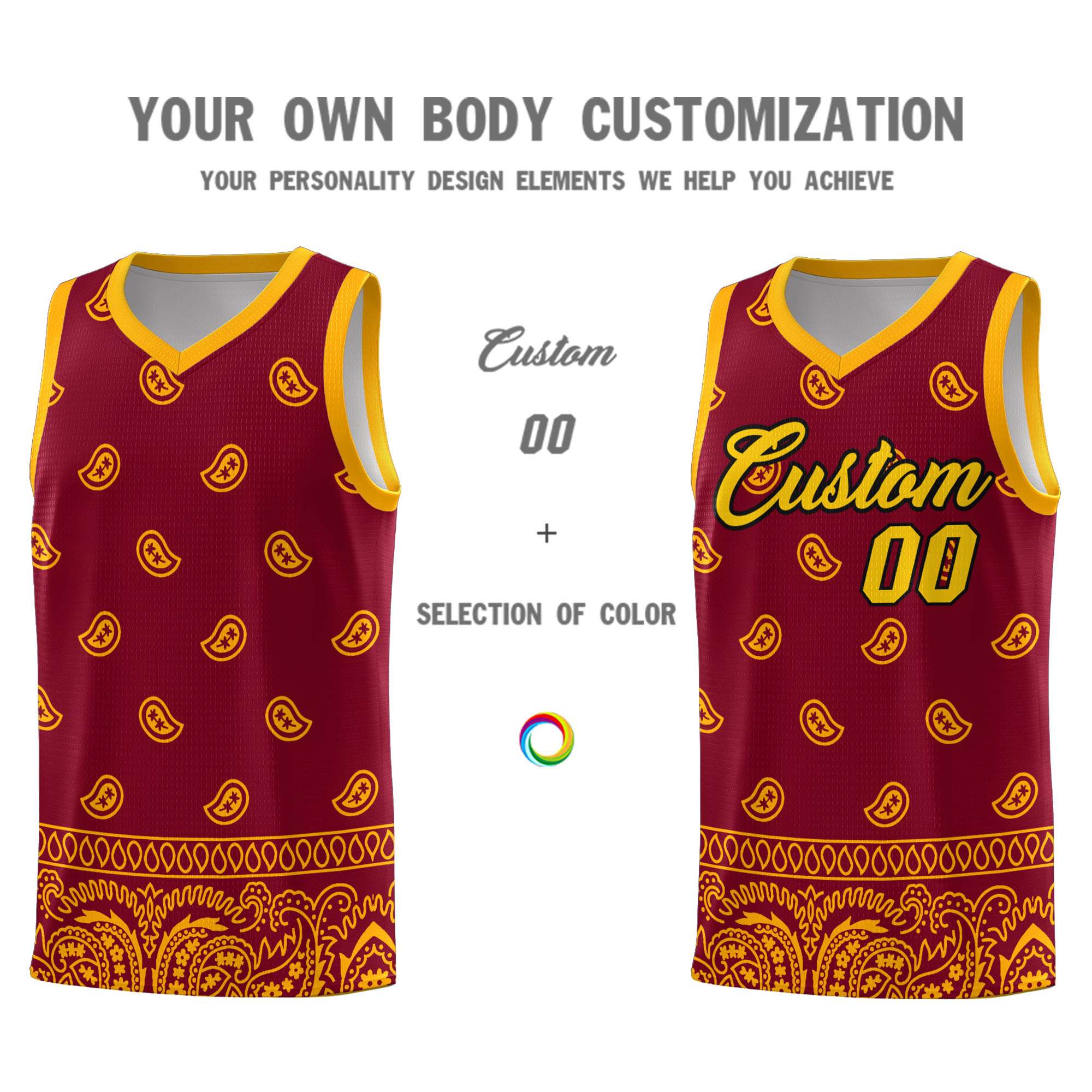 Custom Crimson Yellow Personalized Cashew Pattern Sports Uniform Basketball Jersey