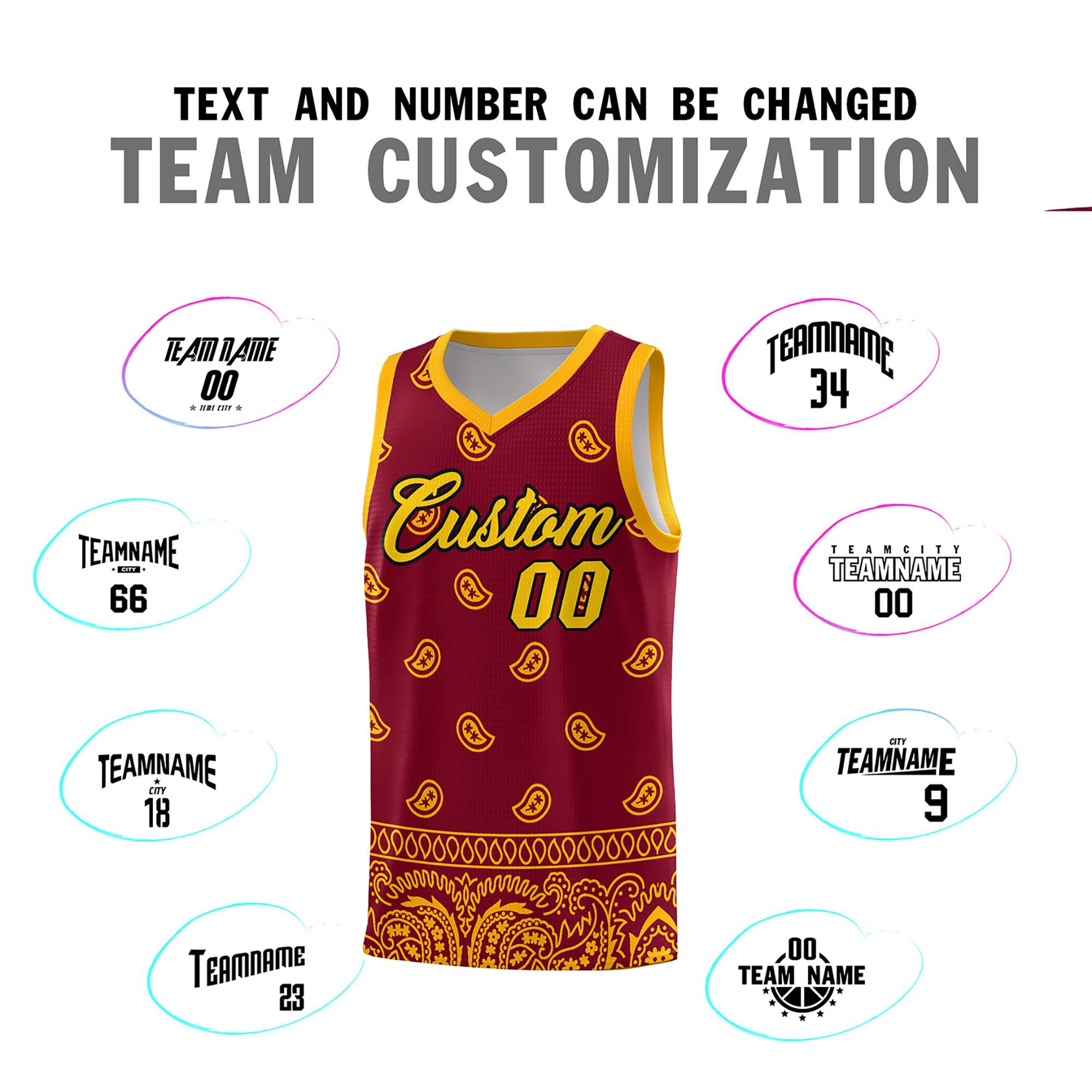 Custom Crimson Yellow Personalized Cashew Pattern Sports Uniform Basketball Jersey