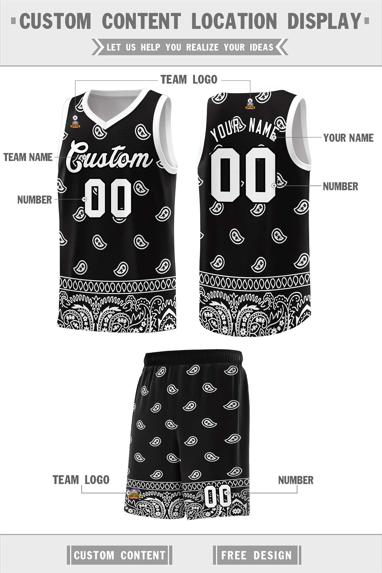 Custom Black White Personalized Cashew Pattern Sports Uniform Basketball Jersey