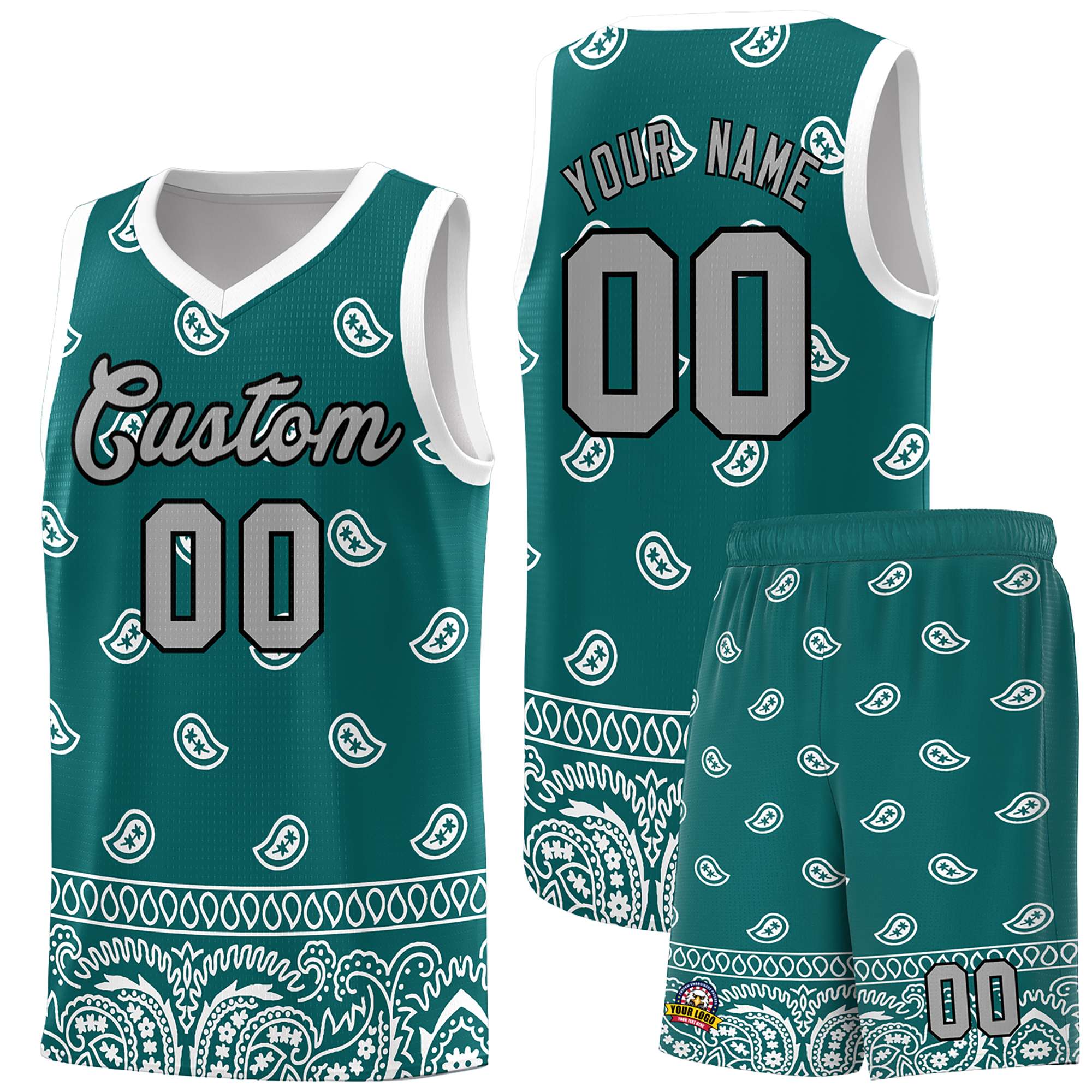 Custom Aqua White Personalized Cashew Pattern Sports Uniform Basketball Jersey