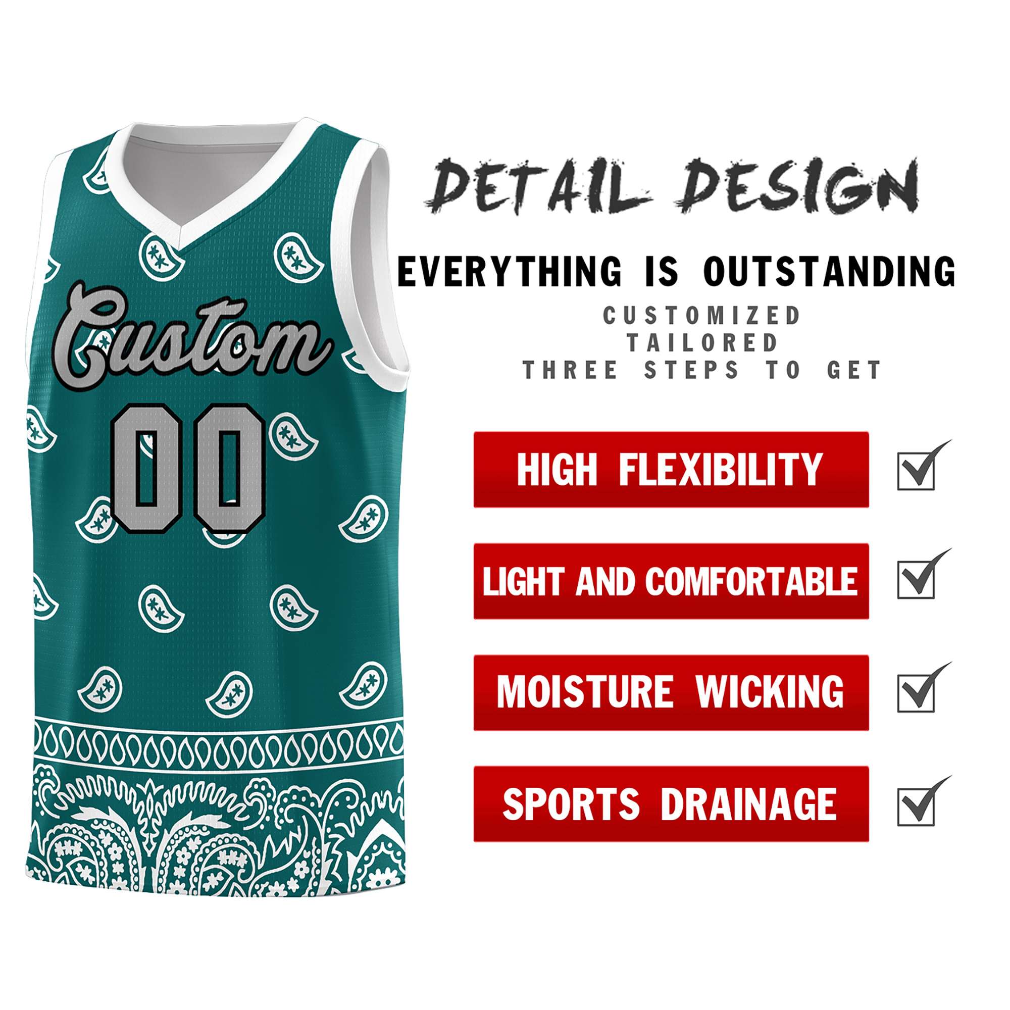 Custom Aqua White Personalized Cashew Pattern Sports Uniform Basketball Jersey