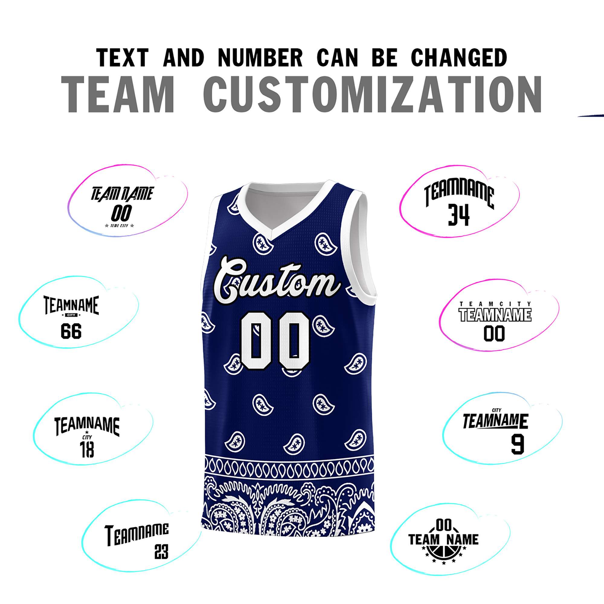 Custom Navy White Personalized Cashew Pattern Sports Uniform Basketball Jersey