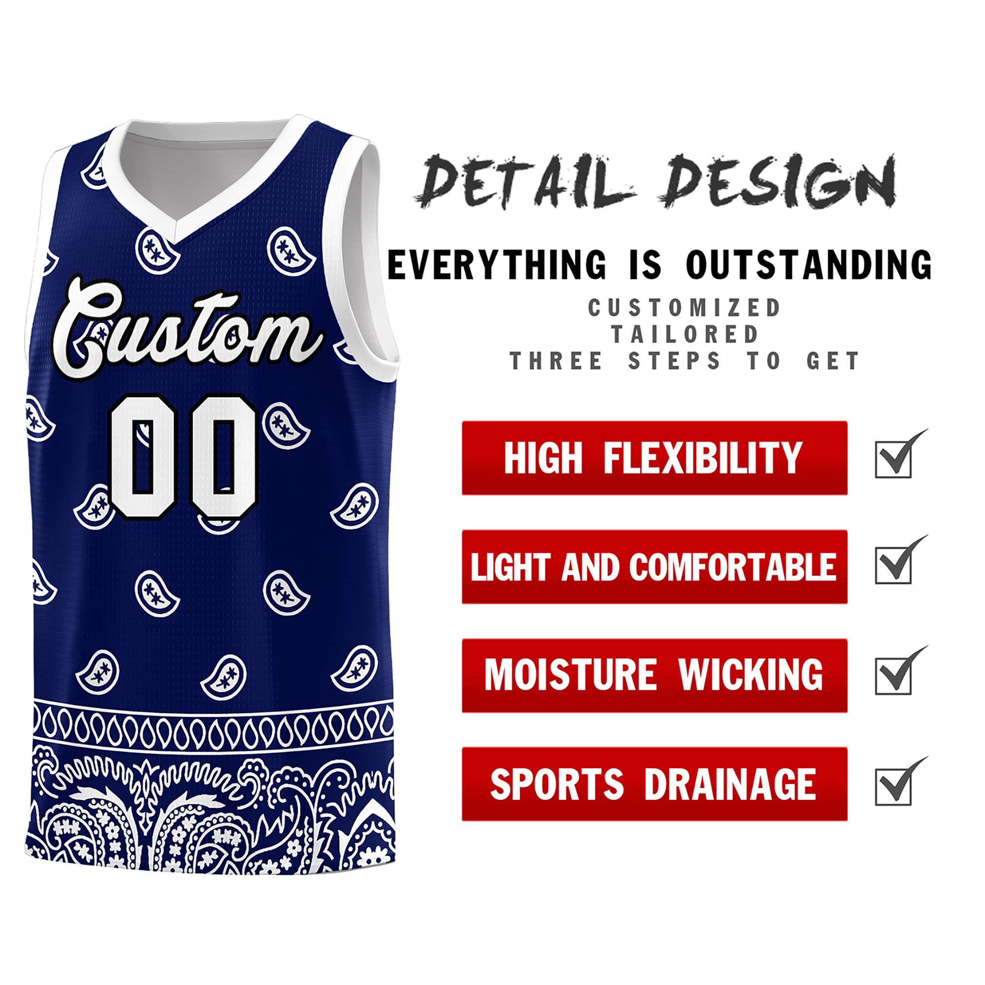 Custom Navy White Personalized Cashew Pattern Sports Uniform Basketball Jersey