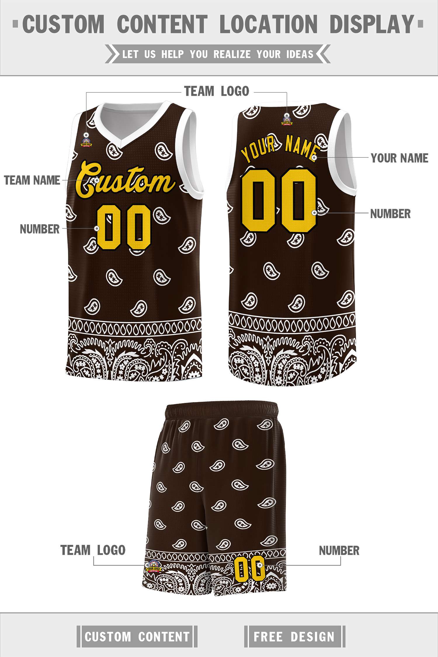 Custom Brown White Personalized Cashew Pattern Sports Uniform Basketball Jersey