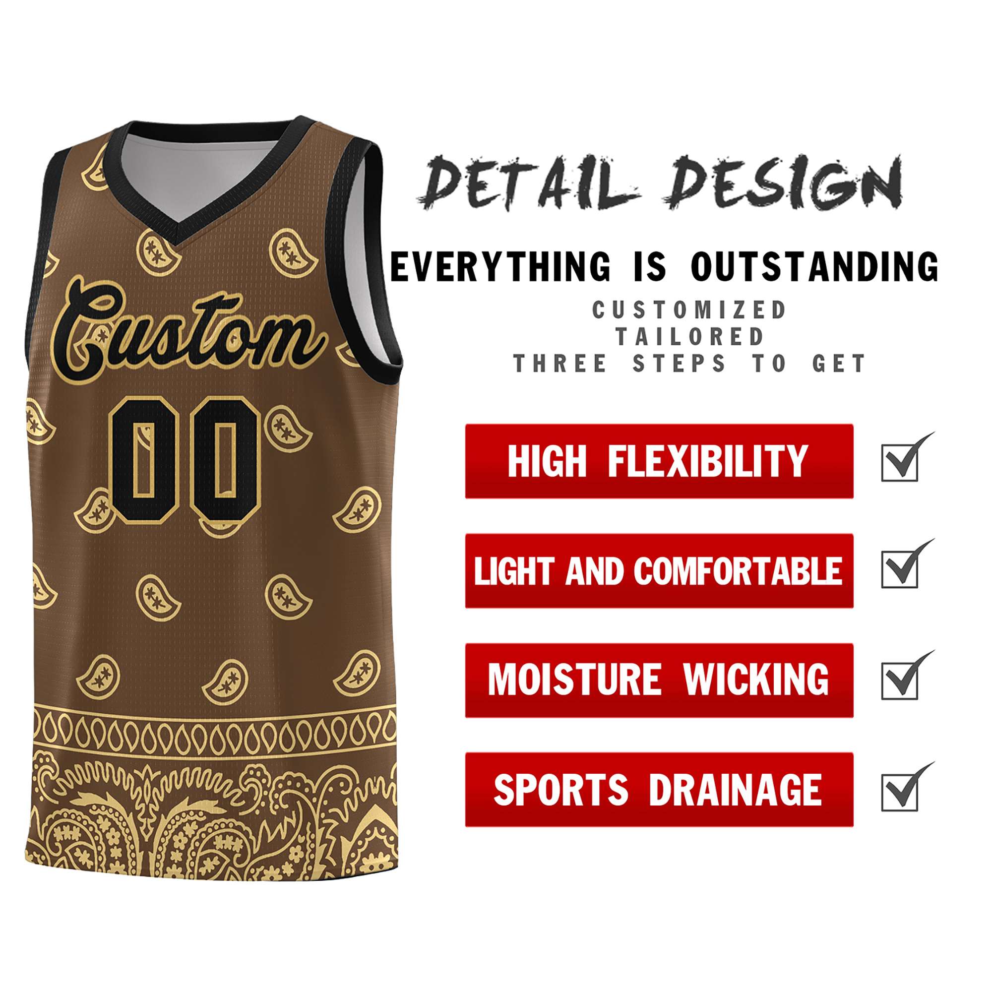 Custom Light Brown Khaki Personalized Cashew Pattern Sports Uniform Basketball Jersey