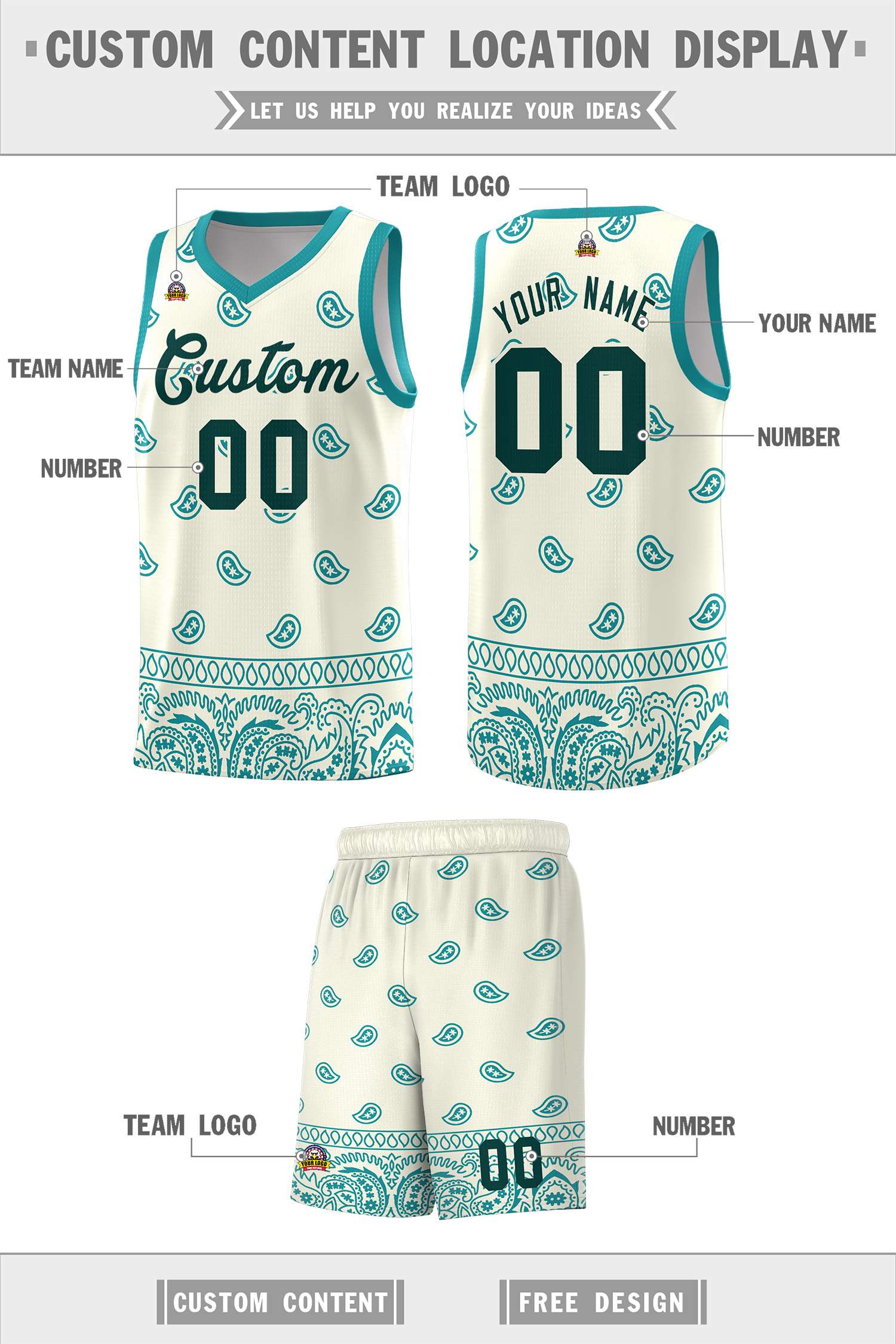 Custom White Aqua Personalized Cashew Pattern Sports Uniform Basketball Jersey