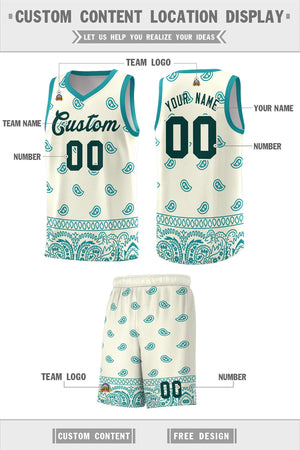 Custom White Aqua Personalized Cashew Pattern Sports Uniform Basketball Jersey