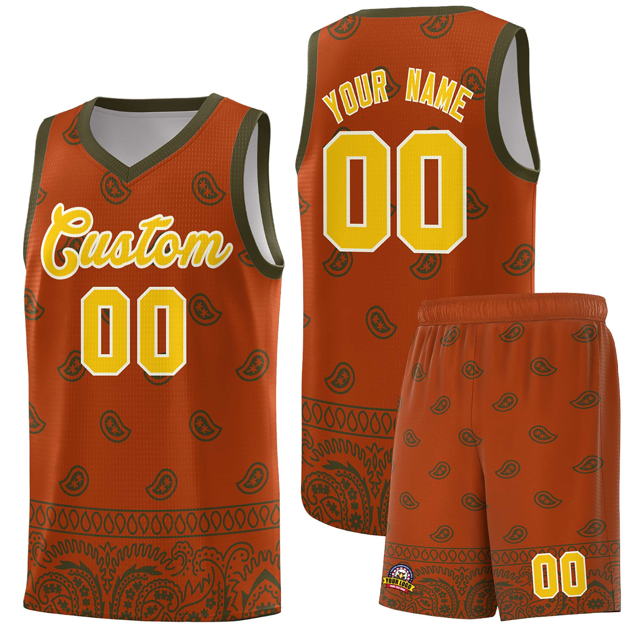 Custom Texas Orange Olive Personalized Cashew Pattern Sports Uniform Basketball Jersey