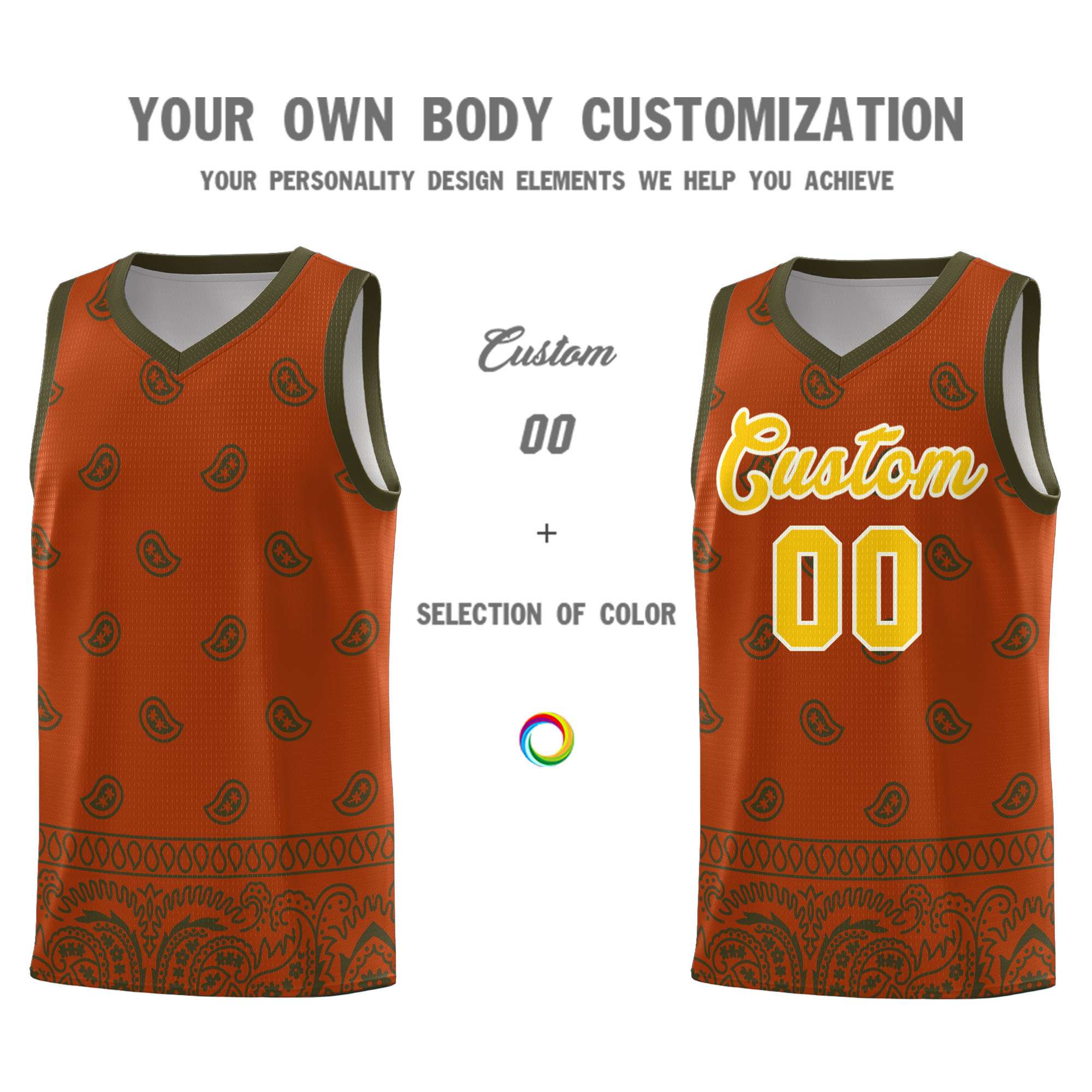 Custom Texas Orange Olive Personalized Cashew Pattern Sports Uniform Basketball Jersey