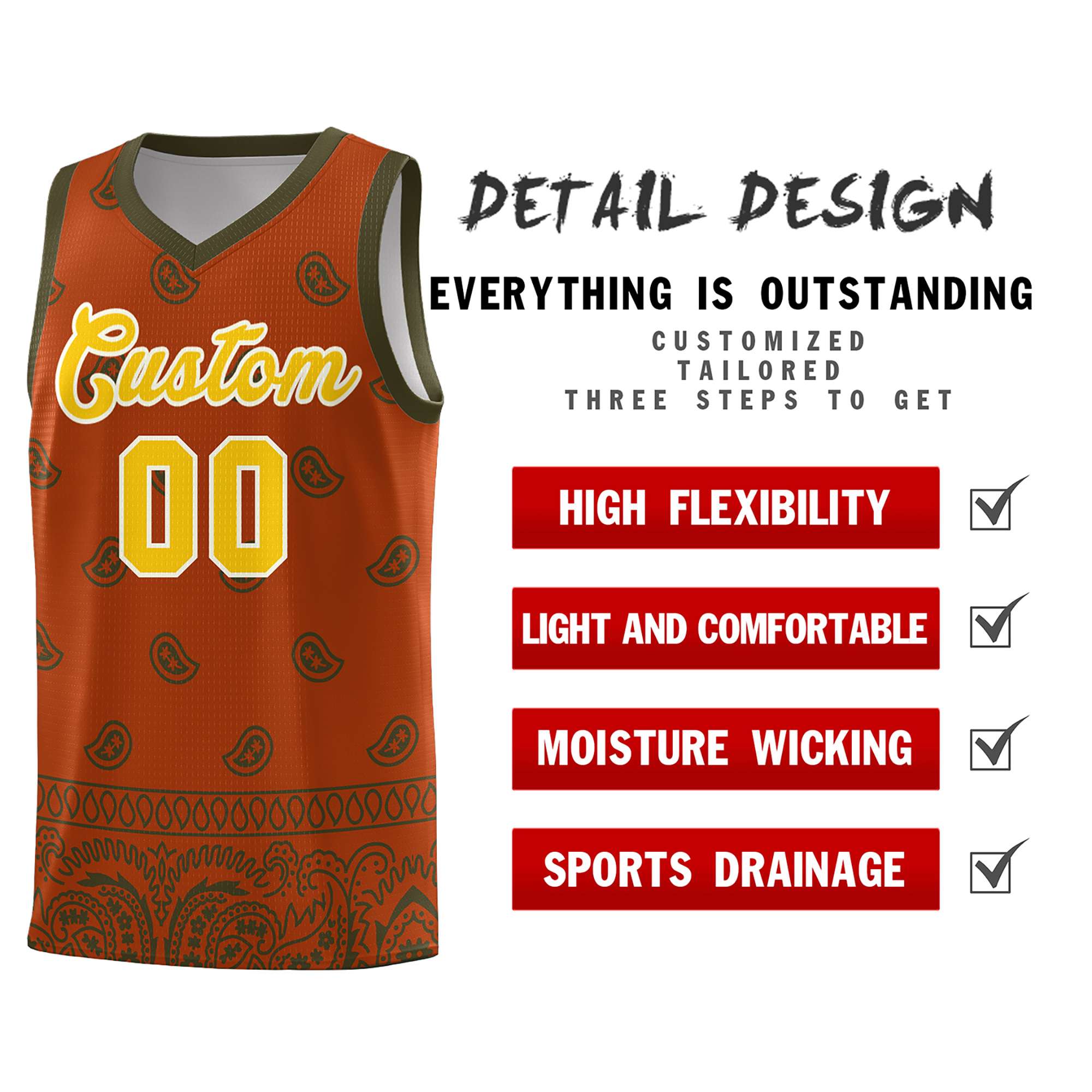 Custom Texas Orange Olive Personalized Cashew Pattern Sports Uniform Basketball Jersey