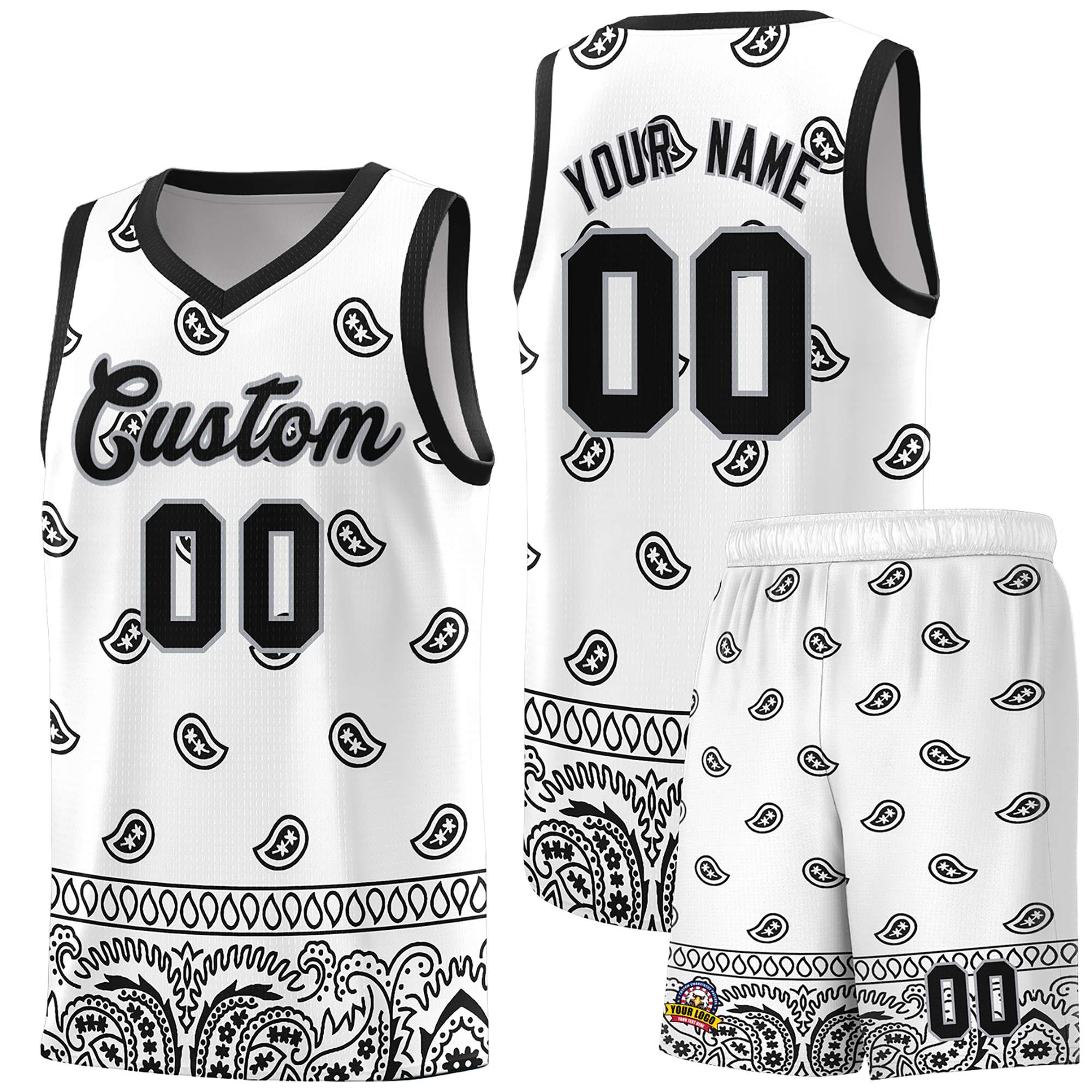 Custom White Black Personalized Cashew Pattern Sports Uniform Basketball Jersey