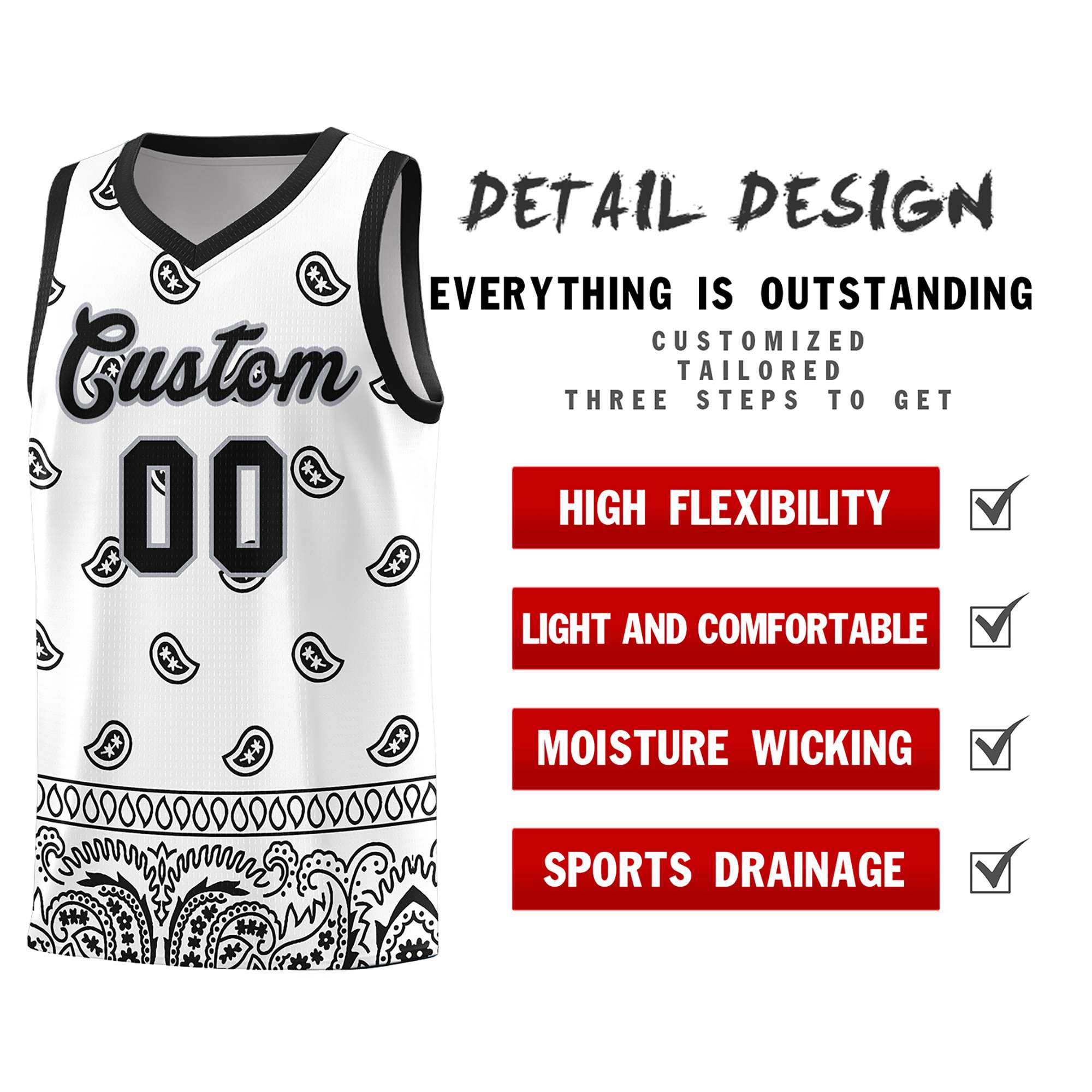 Custom White Black Personalized Cashew Pattern Sports Uniform Basketball Jersey